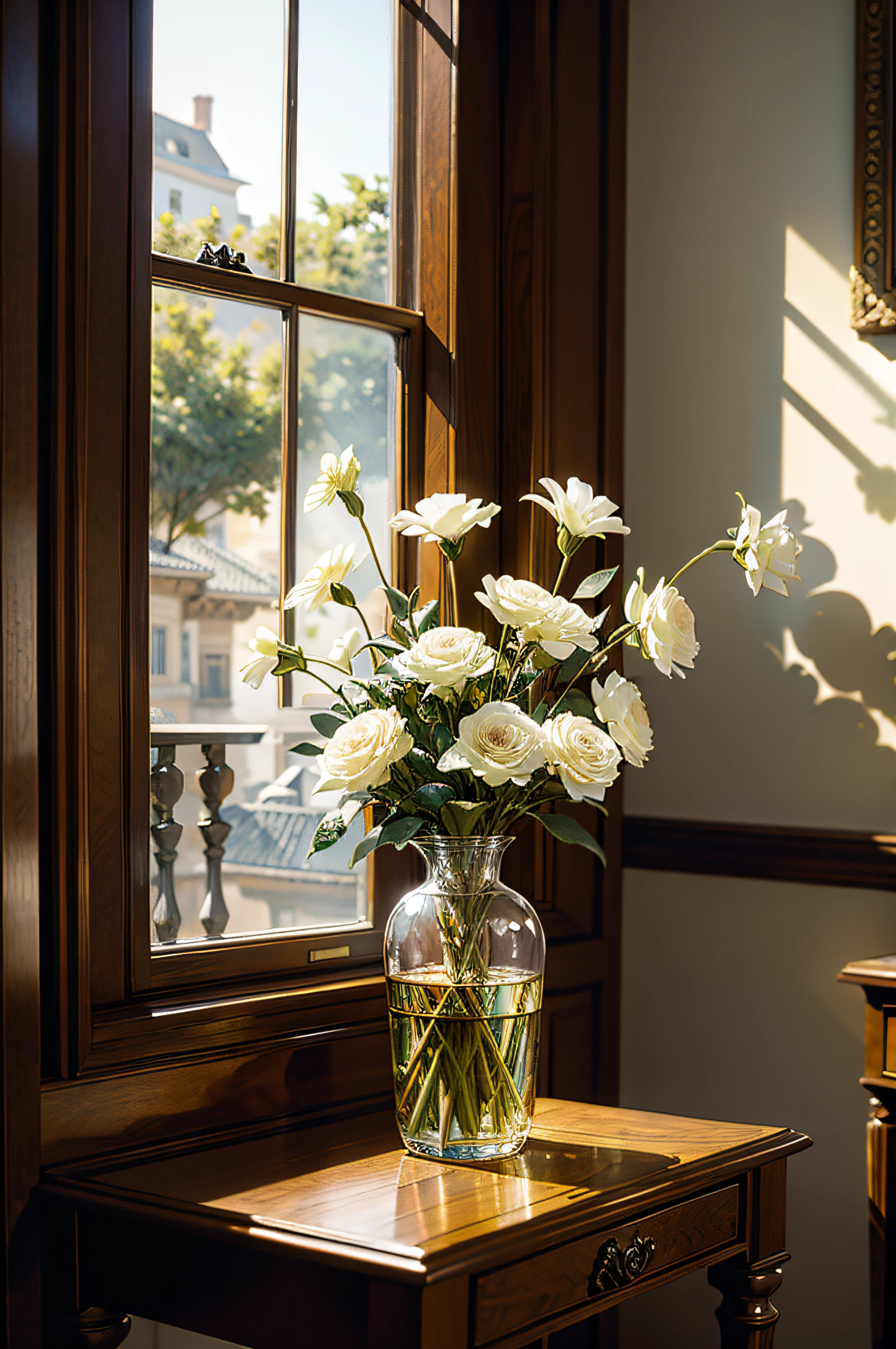 a compact still life with flowers in vase, baroque interior, environment, watercolor --ar 4:5 --style raw --v 5.2