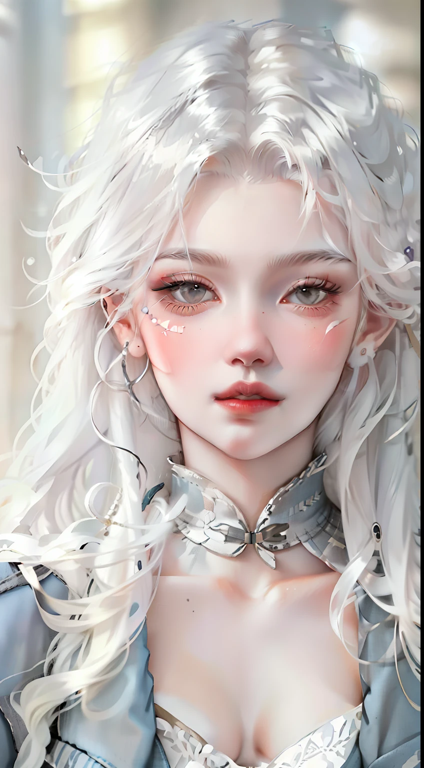 a close up of a woman with long gray hair wearing a denim jacket, Girl silver hair, long white hair, Silver hair girl, silver curly hair, with long white hair, White curly hair, wavy white long hair, messy wavy white hair, Perfect white haired girl, Beautiful anime style, silber hair, Flowing white hair, Girl with white hair,Vintage old newspaper stitching background