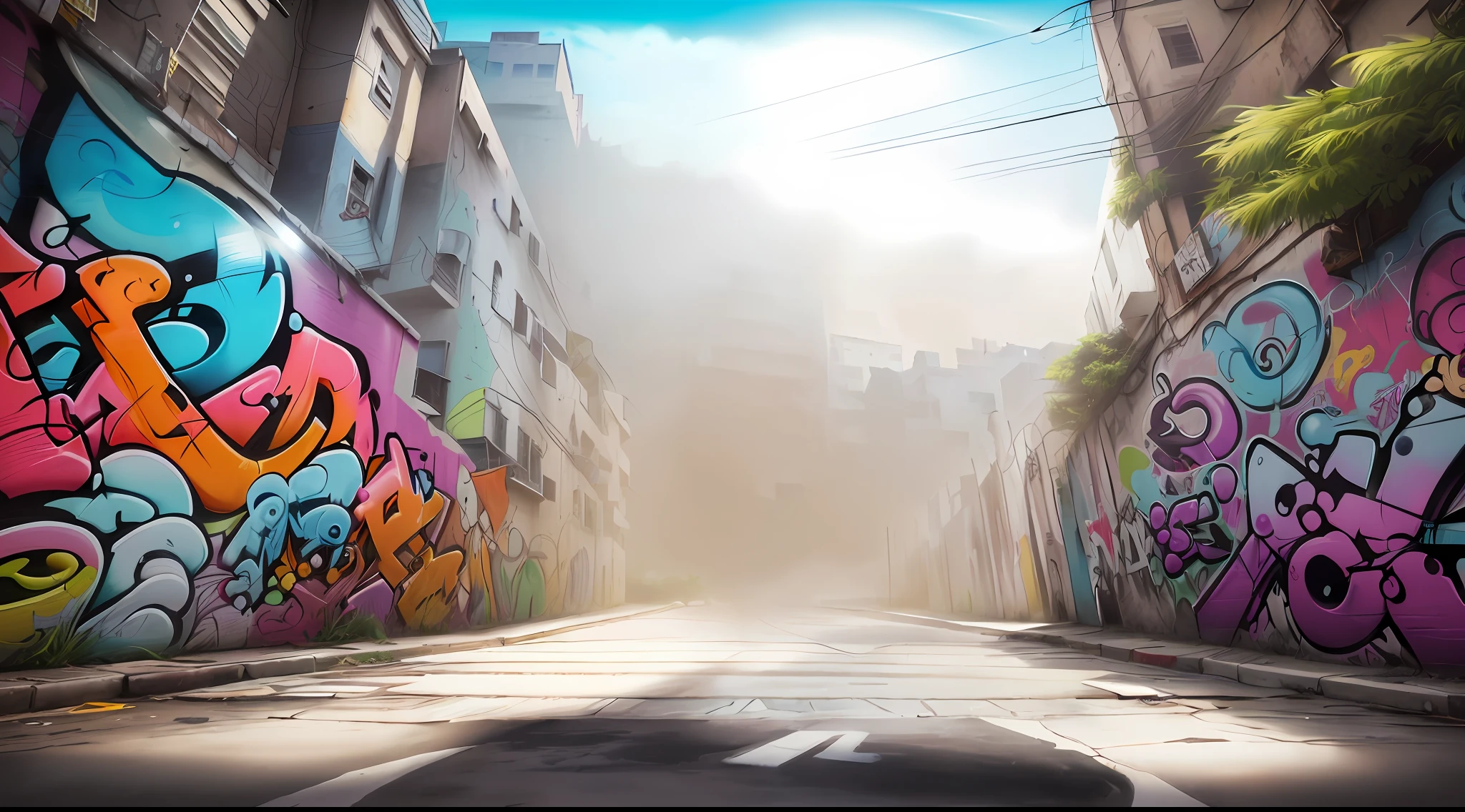 Grafite cobriu beco com um carro passando pelo meio, cidade + fundo do graffiti, rua Fundo, grimy streets backdrop, arte de fundo, paisagem de graffiti digital, fundo do graffiti, Arte de Rua 8K, Epic urban bakground, grafite urbano, Arte de fundo, salpicado com arte de grafite, cena mal-humorada dos desenhos animados, arte de fundo do anime, Graffiti Arte de Rua, Beco enevoado