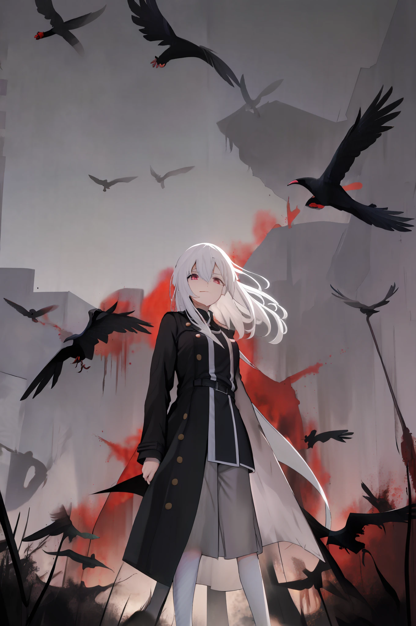 quadratic element,anime big breast,Crimson World,Black trench coat and girl with white hair,Black pressed sky,Dark,Crows flew by,blood all around