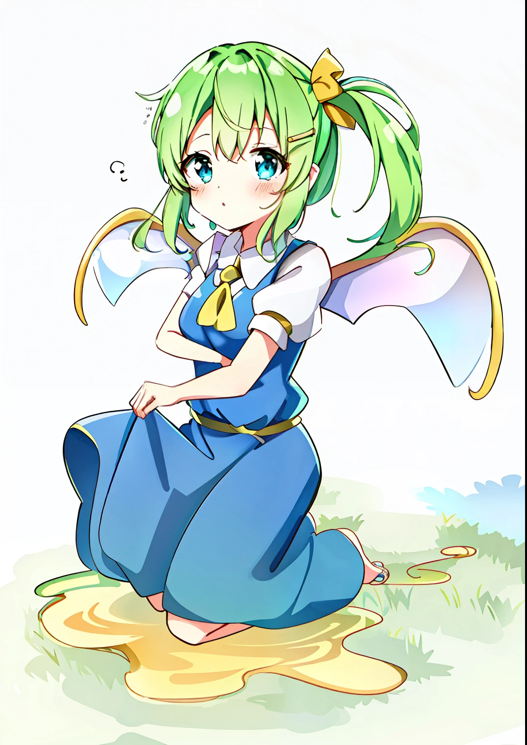 Green haired anime girl sitting on the ground with yellow liquid、aqua from konosuba、Aqua of the East、anime moe art style、touhou character、Lori、small curvy loli、loli in dress、Sitao、Cirno East、Little Lolligirl、zerochan、splash art anime loli、Negao