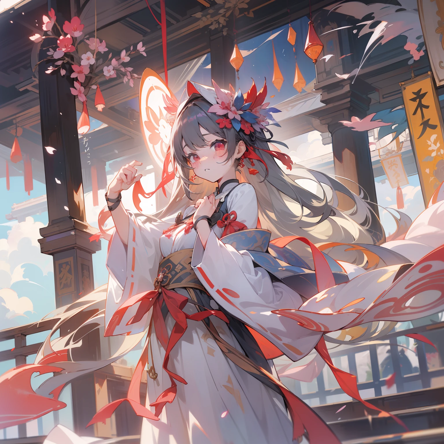 (8K、Raw photography:1.2)、top-quality、超A high resolution、Dramatic angles、(Fine-colored splashes flutter)、(illustratio)、(((女の子1人)))、(long)、(Air bubble:0.9)、 (hair adornments:1.4)、There is an ancient palace next to the girl、chinese clothes、(Focus)、Color Ink Painting、(Color splash)、Colorful splashes、(((colourfull)))、(Sketched:0.8) 、​masterpiece、best qualtiy、Beautifully painted、A highly detailed、(denoise: 0.6)、[Splash ink]、((Ink refraction))、(Beautiful detailed sky)、a moon、A highly detailed、(​masterpiece、best qualtiy、A highly detailed) CG Unity 8k wallpapers、​masterpiece、top-quality、ultra-detailliert)、(Lycoris radiata)、、