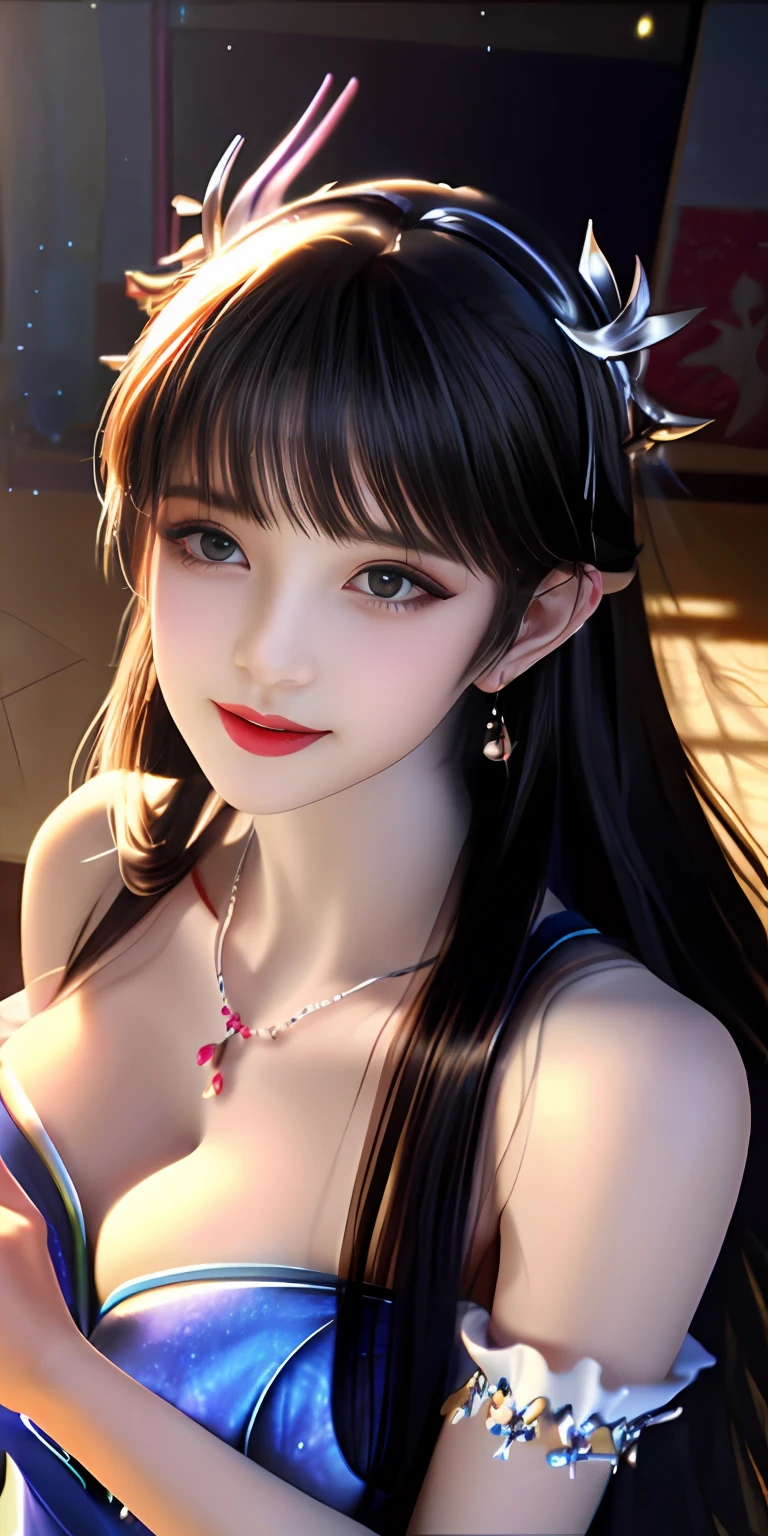 Best Quality, Masterpiece, High Resolution, 1girl, Clear Silk Porcelain Dress, Pretty Face, Hair Accessories, Look at the Audience, Smile, Close Mouth, Lips, Dress, Hair Accessories, Necklaces, Jewelry, Long Hair, Earrings, Beautiful Face, Body, Tindal Effect, Realism, Shadow Studio, Edge Lighting, Two-Color Lighting, (High Detail Skin: 1.2), 8k UHD, DSLR, Soft Light, High Quality, Volume Lighting, Photo, High Resolution 4K, 8k, Blurred Background