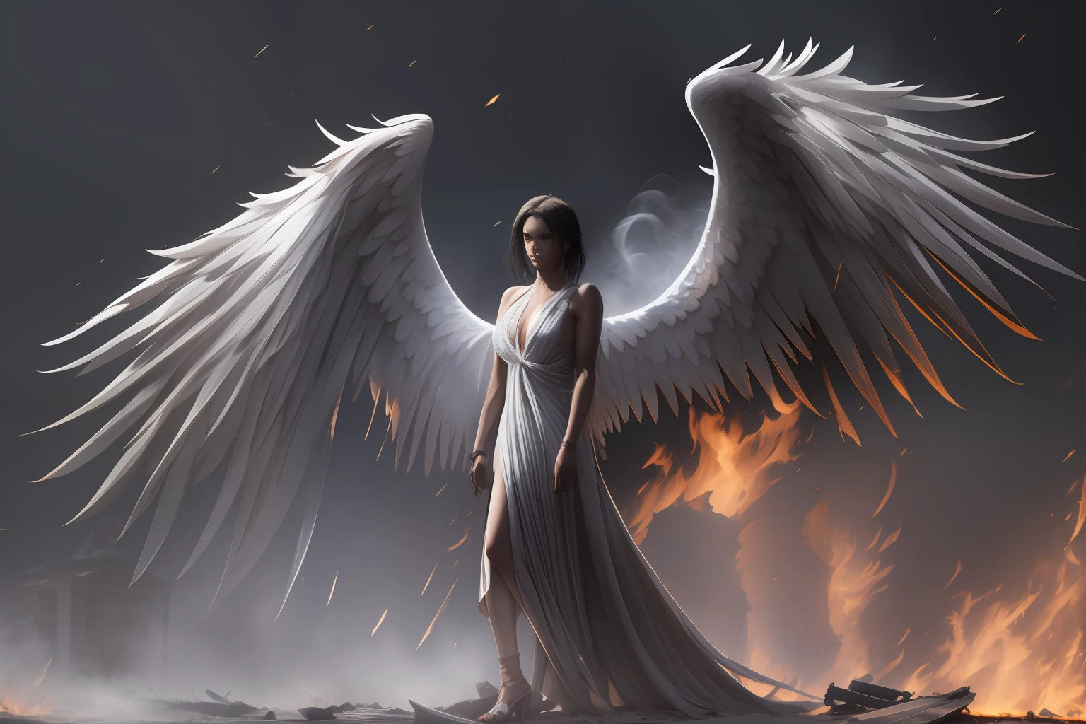 (front view:1. 2) of a black and graceful fallen female angel,finely detailed features,warmly lit from the front,hyper realistic, ultra detailed photograph of a woman, large white wings folded down, sad, intricate white dress, walk on decrepit street in fire, destroyed buildings, dark sky, active fires in background, volumetric fog, subsurface scattering, ambient occlusion, post apocalyptic, ruins of war, fire, smoke,