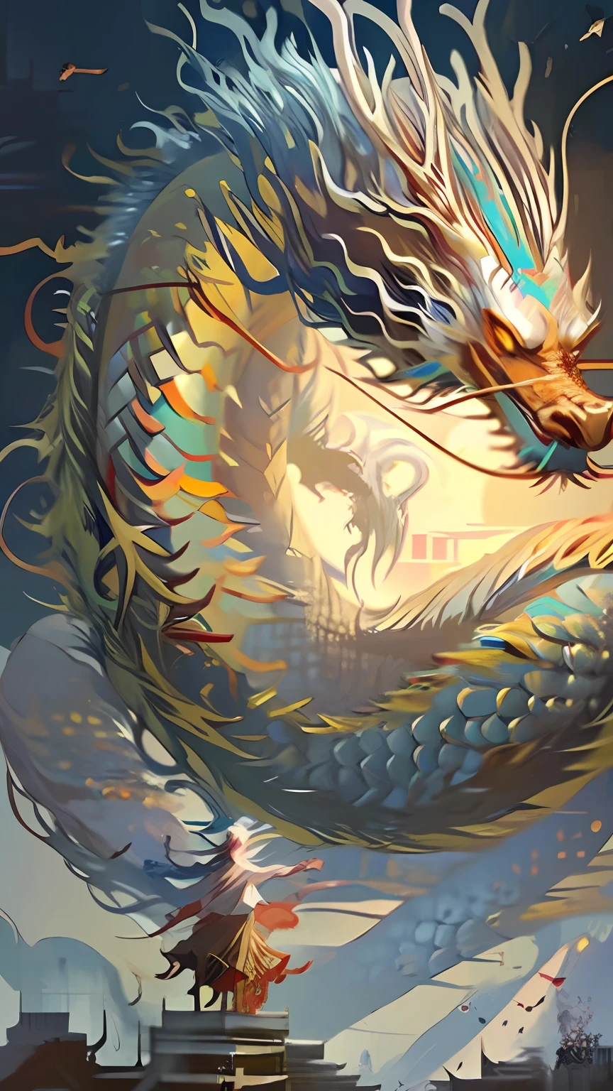 Official art, 统一 8k 壁纸, ultra-detailliert, Beautifully Aesthetic, masterpiece, top-quality, (Zentangle, Tangles, Entanglement), (Fractal Art: 1.4), 1girl in, A dark-haired, Chinese, bare shoulders, a short skirt, Calf, a navel, ighly detailed, dynamic ungle, cowboy shot, (The most beautiful forms of chaos), A flowing, (bright colour), nffsw, (half: 1.2), Chinese Big, (Tanka Flying Sky: 1.5), (bow ribbon: 1.3), (Dreams: 1.5), (Han Feng: 1.5), Chinese Dragon, Chinese phoenix、(A smile:0.5)、(chinese deity)、nigh sky、a moon、Money Rack Explosion、The energy、Bewitching、gold、nigh sky、rays of moonlight、clouds