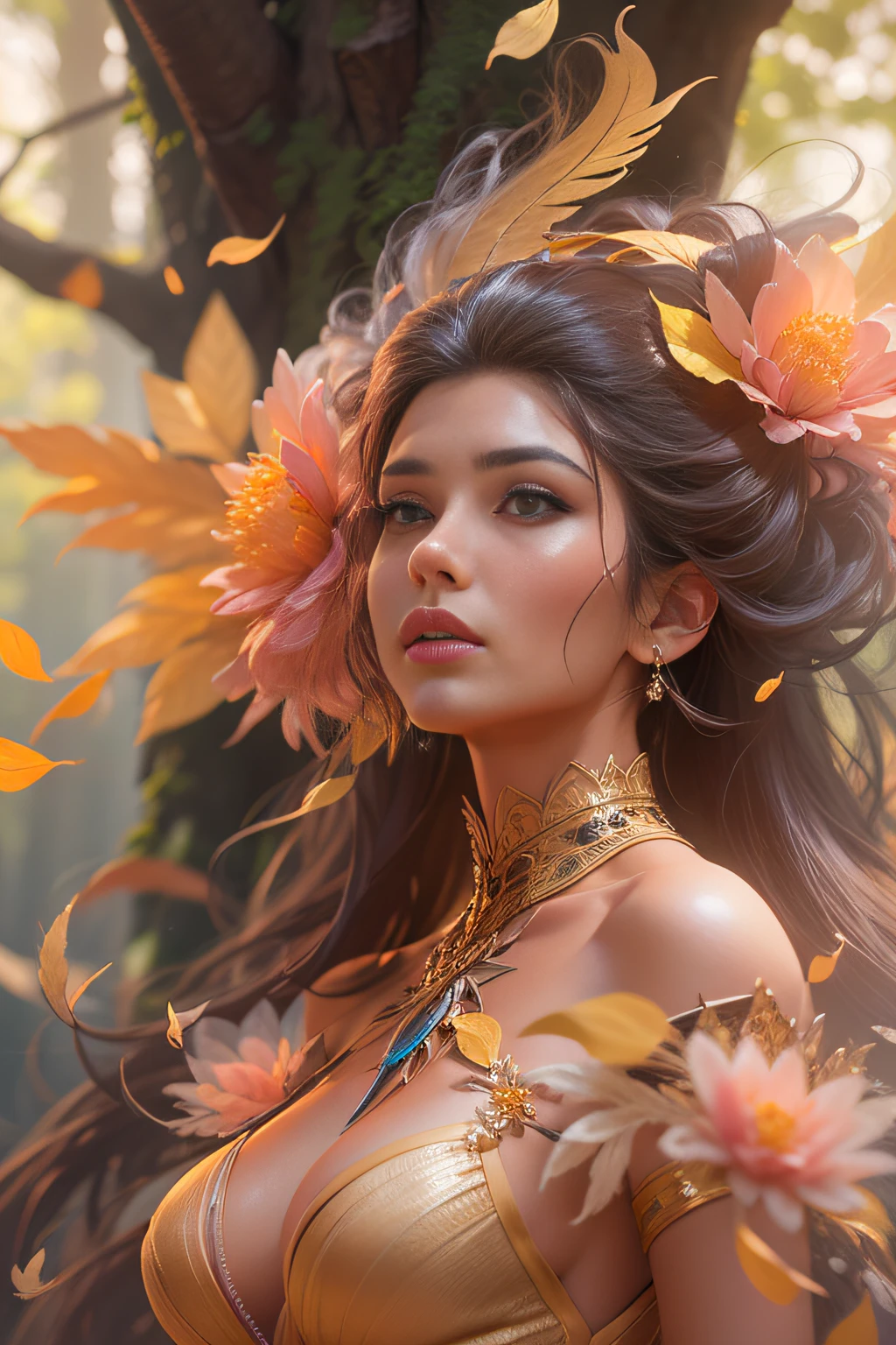 A beautiful woman, Peach feathers, Surrounded by trees, See-through dresses, Hair explodes into colorful flowers, finely detailed features, Complex brushstrokes, Beautiful lighting, Cinematic, Color grading, Depth of field, Intricate details, illusory engine, concept art of character, Creative, Expressive, Stylized anatomy, Digital art, 3D rendering of, Unique, Award-winning, Adobe Photoshop, Maximum 3D studio, Perfect concept, Distinctive personality, Consistent style, hardware*