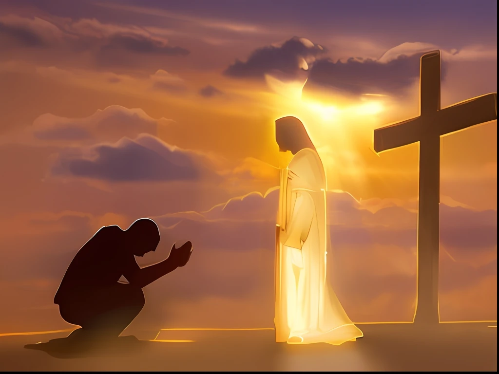 Imagen de una persona arrodillada frente a una cruz, Orando al sol, Beautiful image never created, Sombra de la Cruz, kneeling in prayer, ! sosteniendo en su mano !, doing a prayer, 'He knows what you did', he is greeting you warmly, Against the backdrop of God's rays, Orando, The light leans towards him, Beautiful Rendering