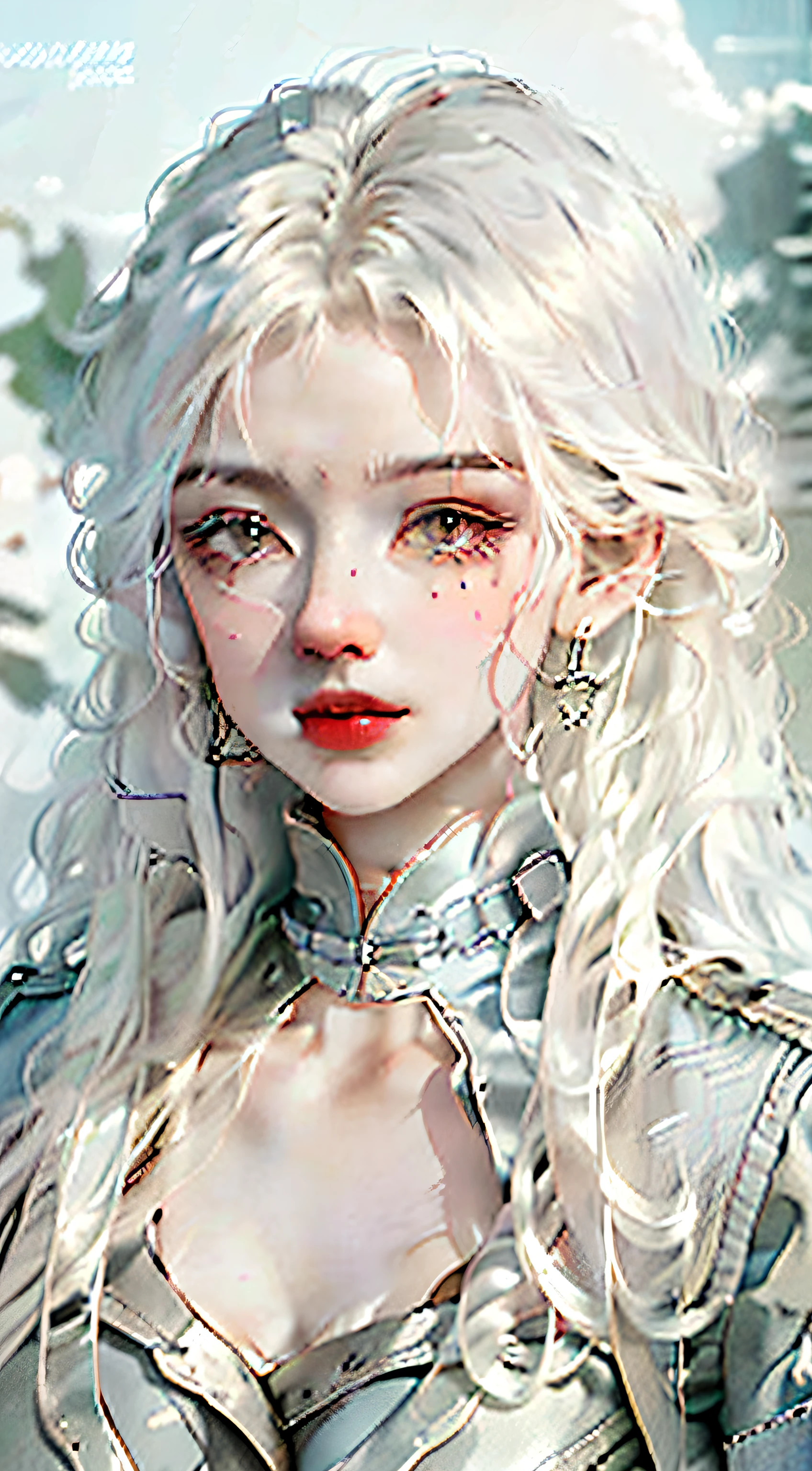 a close up of a woman with long gray hair wearing a denim jacket, Girl silver hair, long  white hair, Silver hair girl, silver curly hair, with long white hair, White curly hair, wavy white long hair, messy wavy white hair, Perfect white haired girl, Beautiful anime style, silber hair, Flowing white hair, Girl with white hair，Vintage old newspaper stitching background