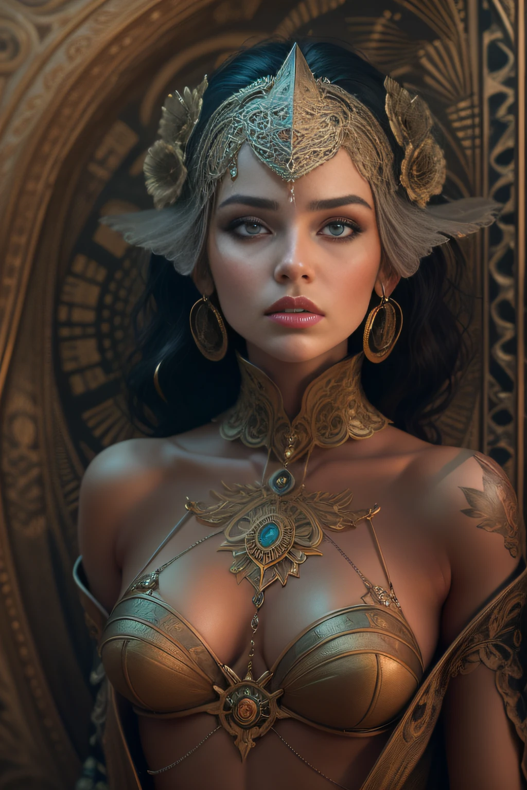 Waist high Portrait of an exotic beautiful caucasian woman wearing trendy clothing at a beach, perfect detailed face, detailed symmetric hazel eyes with circular iris, realistic, stunning realistic photograph, 3d render, octane render, intricately detailed, cinematic, trending on artstation, Isometric, Centered hipereallistic cover photo, awesome full color, hand drawn, dark, gritty, mucha, klimt, erte 12k, high definition, cinematic, neoprene, behance contest winner, portrait featured on unsplash, stylized digital art, smooth, ultra high definition, 8k, unreal engine 5, ultra sharp focus, intricate artwork masterpiece, ominous, epic, TanvirTamim, trending on artstation, by artgerm, h. r. giger and beksinski, highly detailed, vibrant