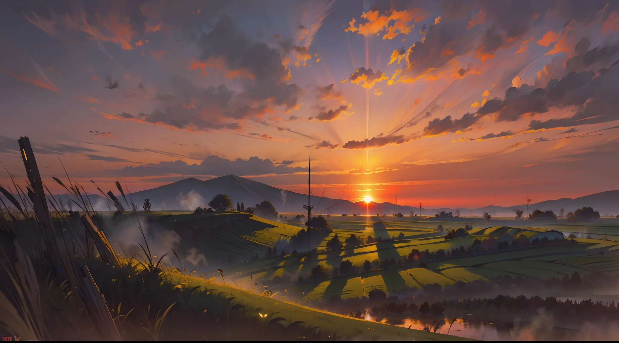 karo,Vast fields,A lot of soldiers who are shooting,the sunset,cinematric light,There is a lot of war,tanks,shock,4K