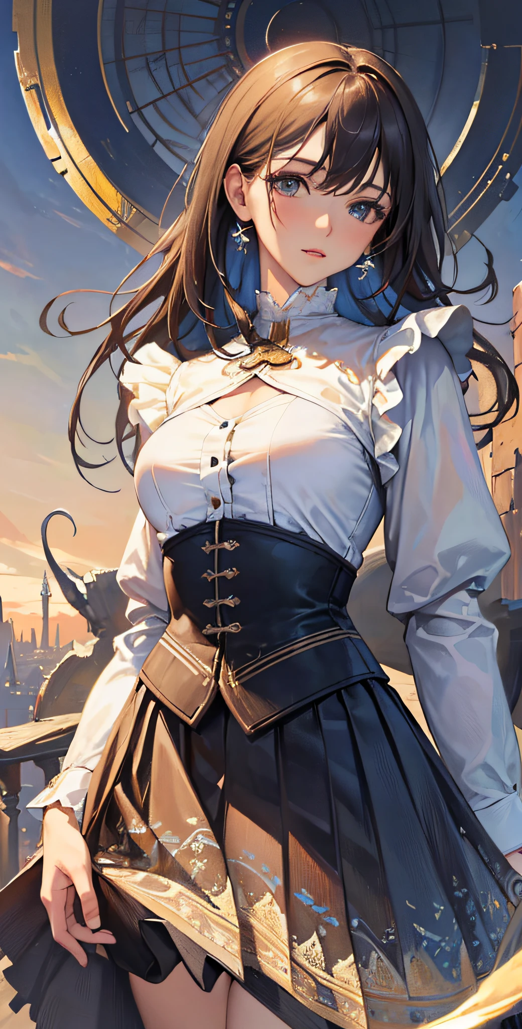 (masterpiece, top quality, best quality, official art, beautiful and aesthetic:1.2), extreme detailed,(fractal art:1.3),colorful,highest detailed,cbpkv5,bodysuit,(realistic:1.3), ..(1girl), solo, ((skirt)), ((upper body)), looking at viewer, ((shirt)),