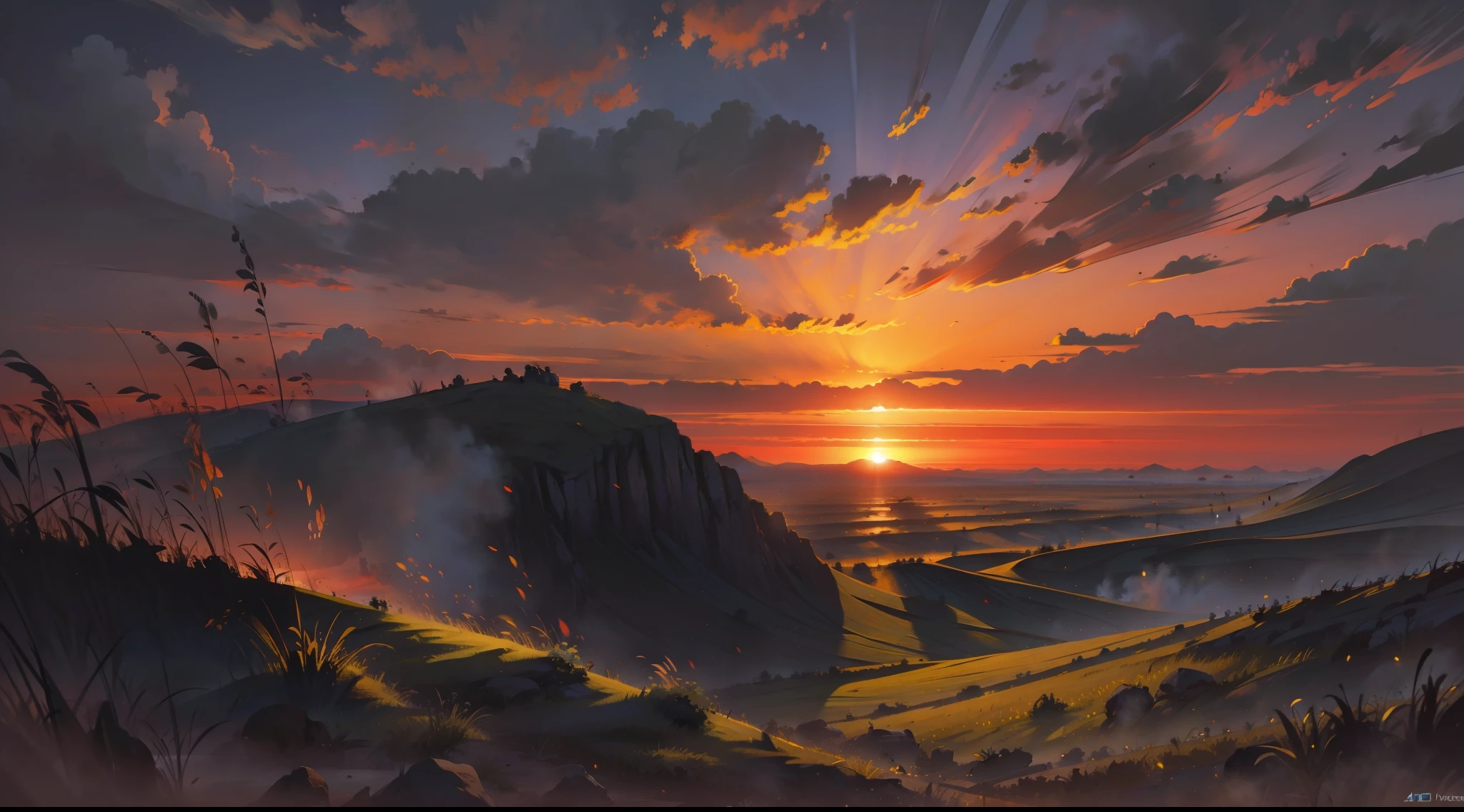 karo,Vast fields,A lot of soldiers who are shooting,the sunset,cinematric light,There is a lot of war,tanks,shock,4K