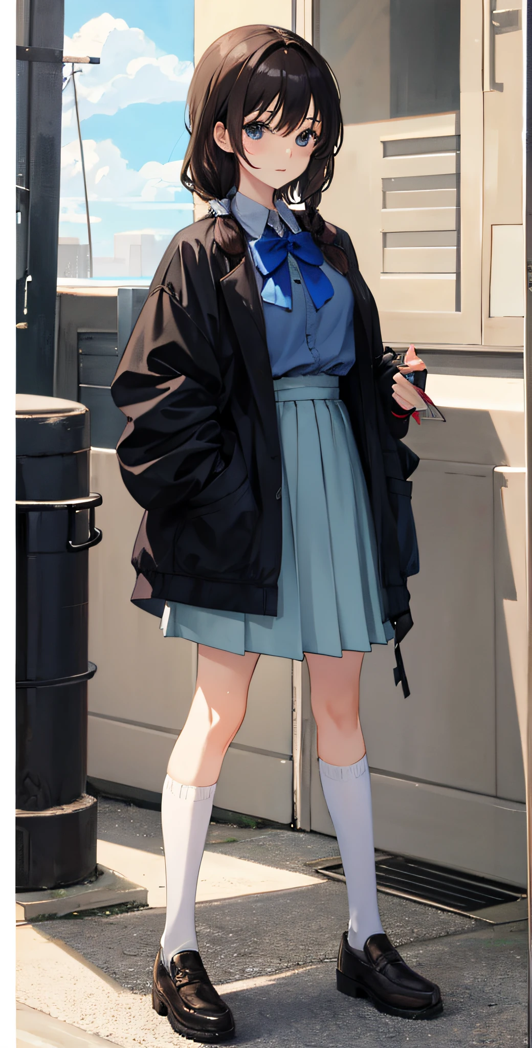 Anime, a girl wearing a skirt and holding a doll>