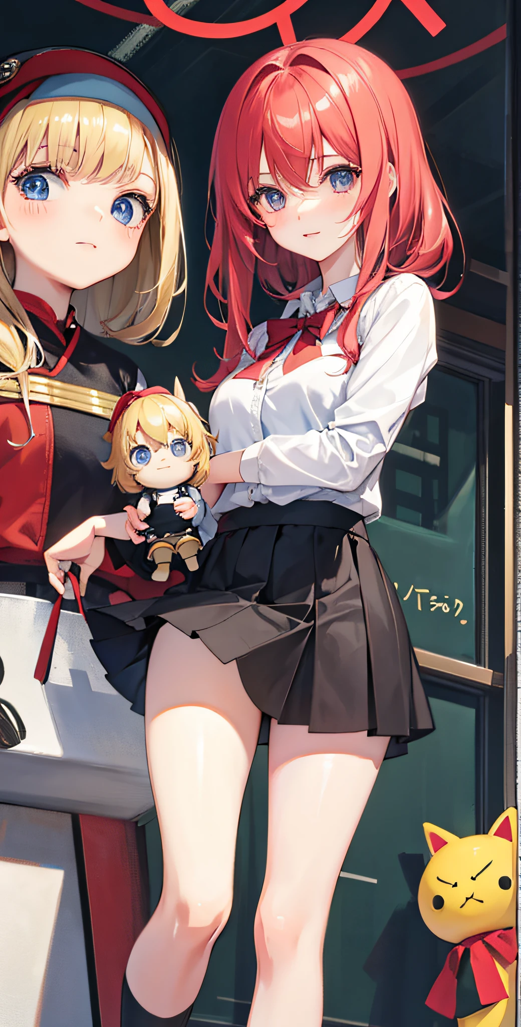 Anime, a girl wearing a skirt and holding a doll>