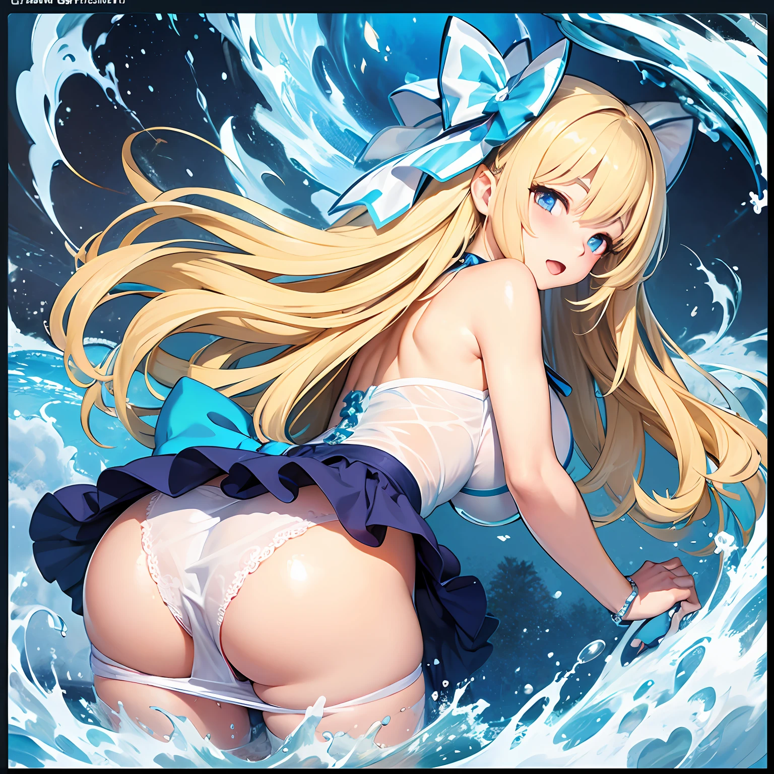 1girll,anime big breast,Get wet all over your body,(transparent panty:1.4),Best quality, hyper HD, High detail,Cock your ass,angle from behind,blonde with blue eyes,long whitr hair,spread thighs,florals, Bow knot, Blushlush,