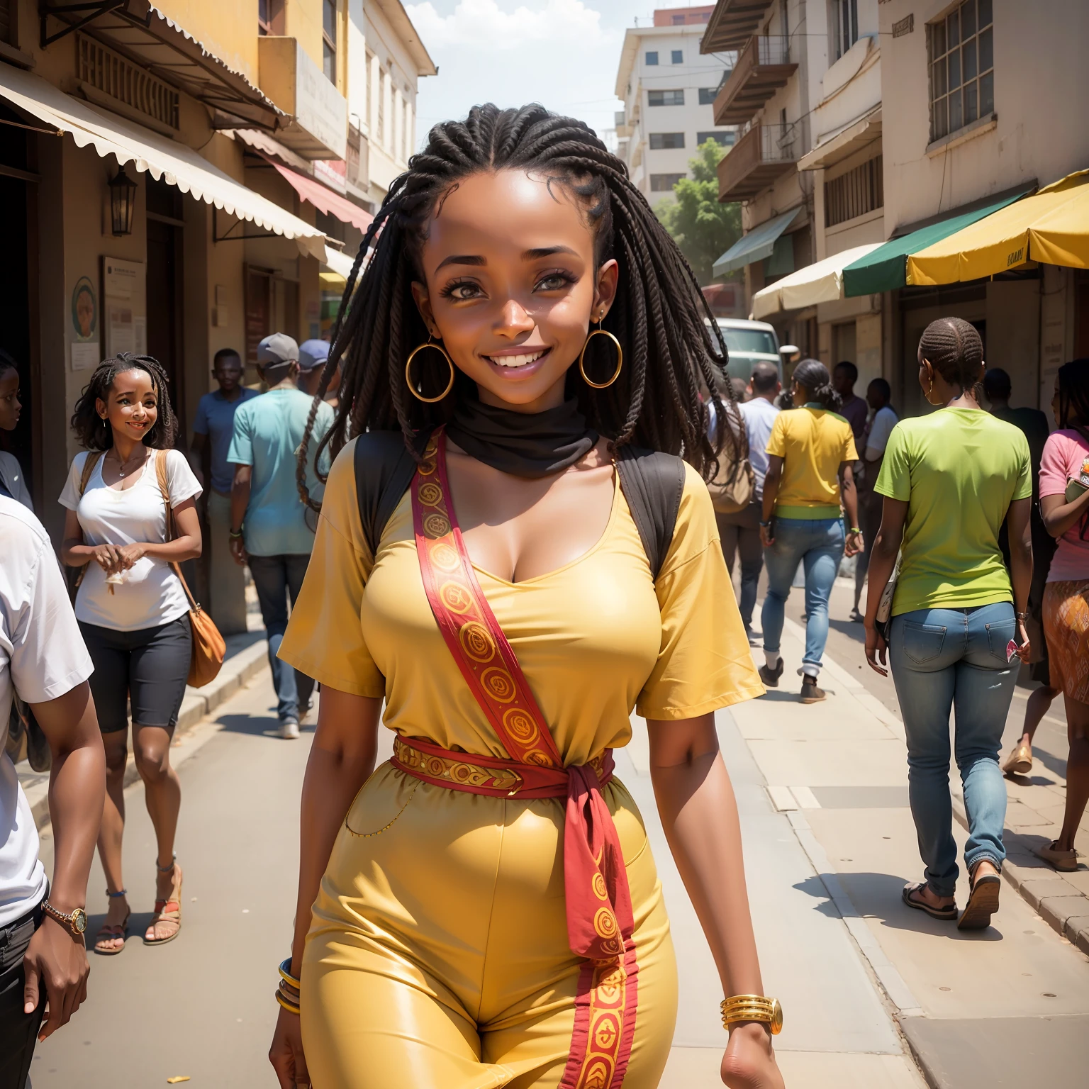 joyful ethiopian woman with captivating smile, standing gracefully, vibrant city street, shorts, nose and eyes work, upscale background
