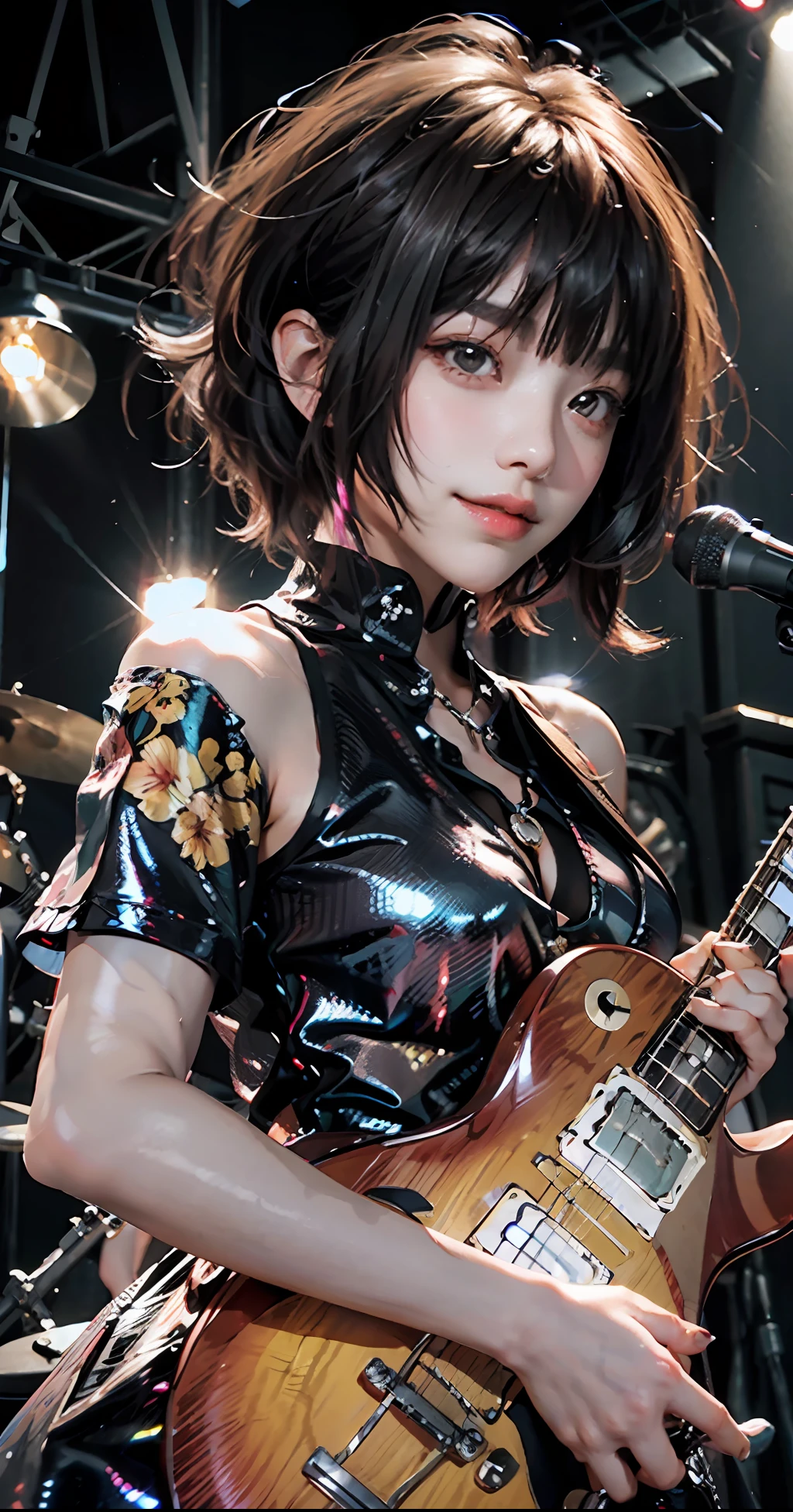 top-quality、masterpiece、The ultra -The high-definition、(Photorealsitic:1.4)、Raw photo、cowboy shot、Attractive smiling girl playing electric guitar on live stage、(Dynamic Paw)、Red gradient hair、asymmetrical bangs、Bob Cut Bob Cut、Cross Petit Pendant Necklace、耳Nipple Ring、White Punk Rock Costume、Colorful live lighting、neon light、Wolfcut、kawaii、Have a Les Paul