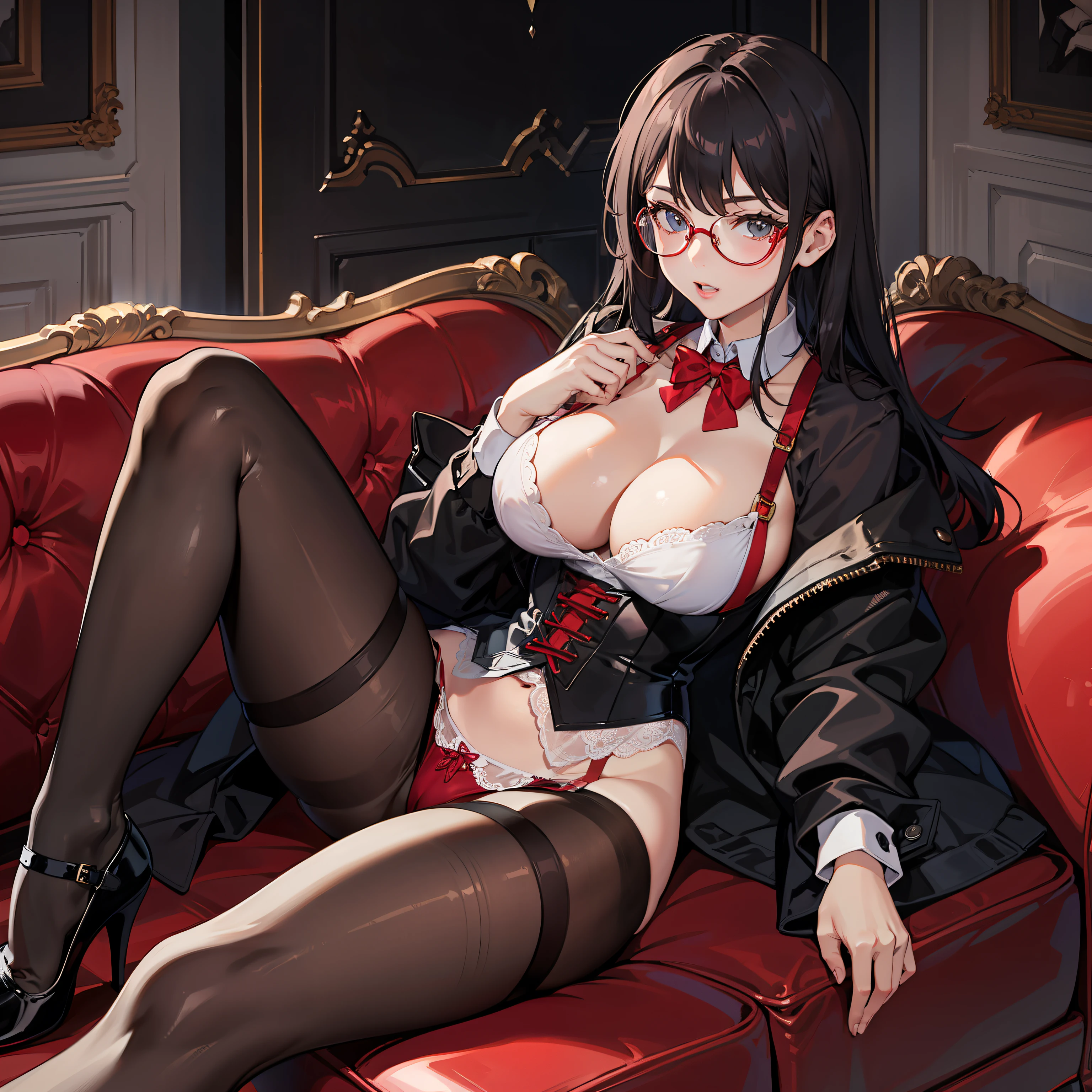 On the sofa sat a girl in red lace underwear, Black suspender stockings on both legs, Glasses, D-cups, red high heel pumps,No coats,White color hair