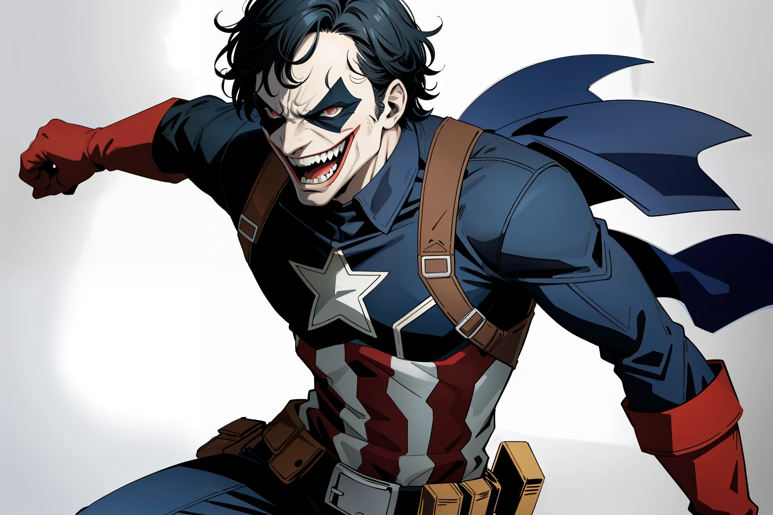 Superhero landing, ,Batman Joker Joker Broma, he is screaming, Jajaja!', joker smile, Fan Art, bromista, horripilante!!, lol, laughing maniacally, risa loca malvada, Joker se parece a Naruto, por Ei-Q, feliz!!!, Jerma985 como el Joker , (Captain America Costume: 1.1), caderas moderadas, pantalones de cuero, mano izquierda apretada, el campo de batalla, cinematography lighting, 8k, mejor calidad, Anatomically correct, altos detalles