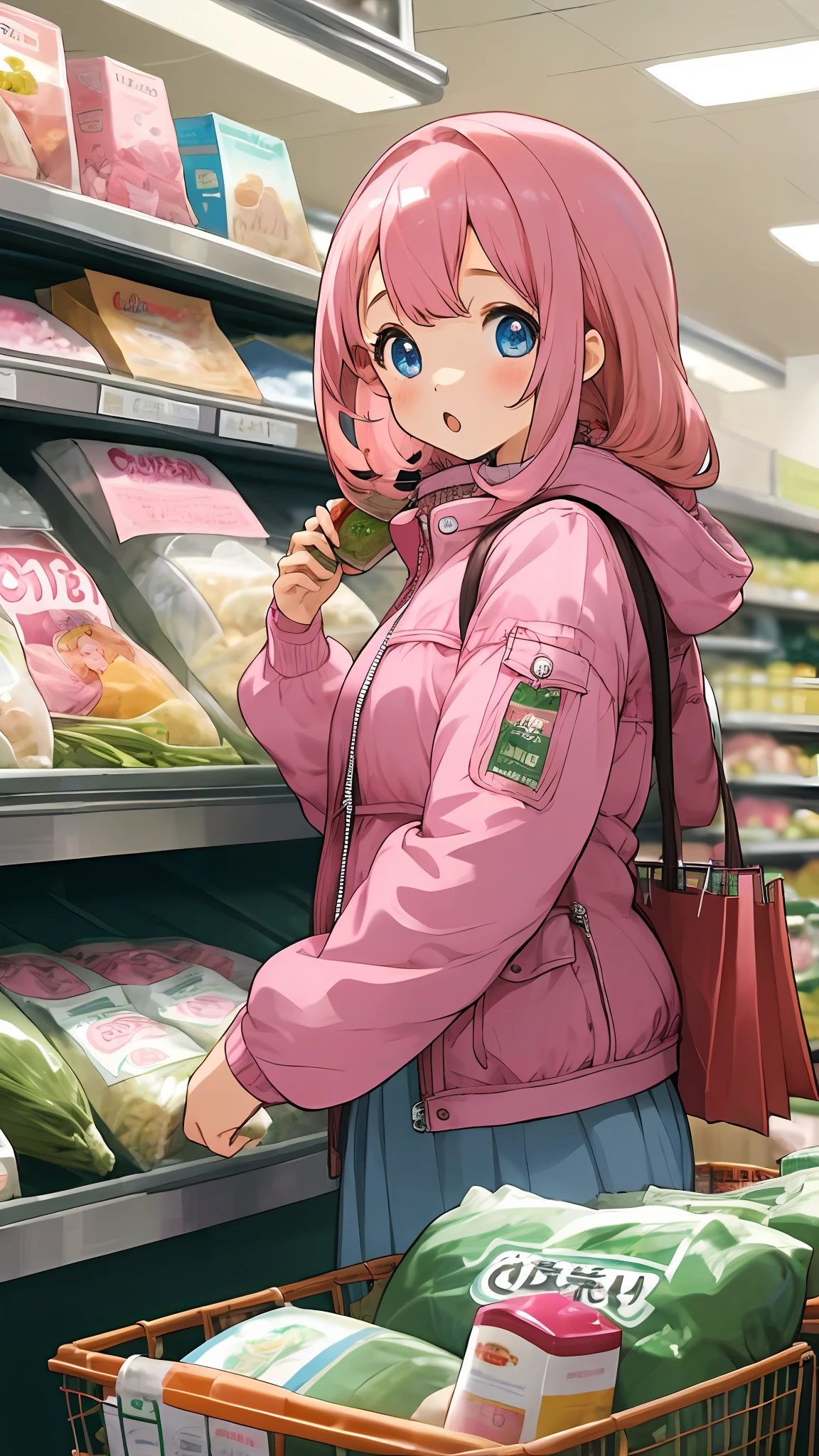 (masterpiece, best quality),1girl, shop, indoors, groceries, :o, pink hair, jacket, blue eyes,