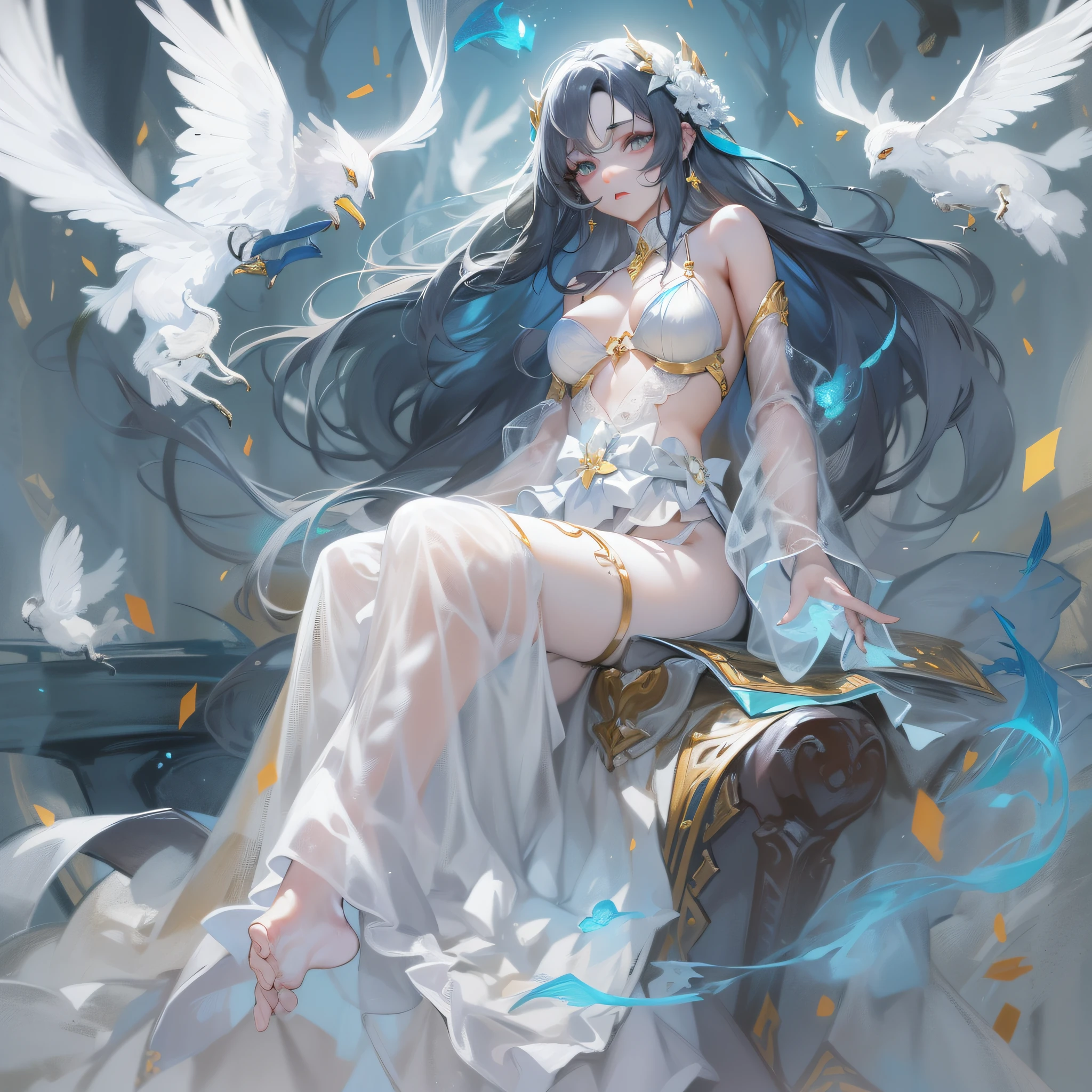 Works of masters,Best image quality,超高分辨率,Break XX,sorceress woman,long whitr hair,white colors,A patient expression,vacant eyes,blue colors,exposing her chest,The large,Erotic lingerie,lifting up skirt,Creampie,8K分辨率,Peerless beauty,Hair is depicted in detail,Small nose,exquisite lighting and shadows,The facial features of the golden ratio,k hd,with light glowing,White glowing particle effect,(rich colours),bare-legged,