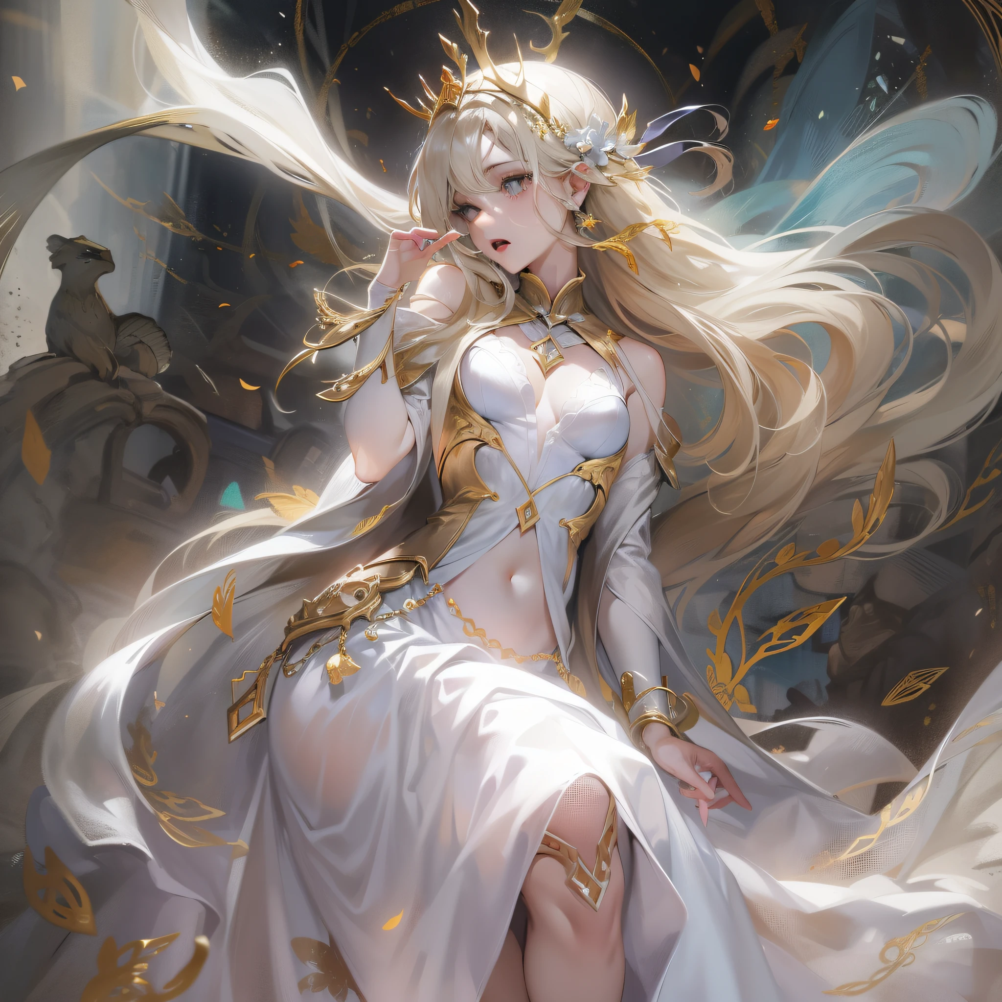 Works of masters,Best image quality,超高分辨率,Break XX,sorceress woman,long whitr hair,white colors,A patient expression,vacant eyes,blue colors,exposing her chest,The large,Erotic lingerie,lifting up skirt,Creampie,8K分辨率,Peerless beauty,Hair is depicted in detail,Small nose,exquisite lighting and shadows,The facial features of the golden ratio,k hd,with light glowing,White glowing particle effect,(rich colours),bare-legged,
