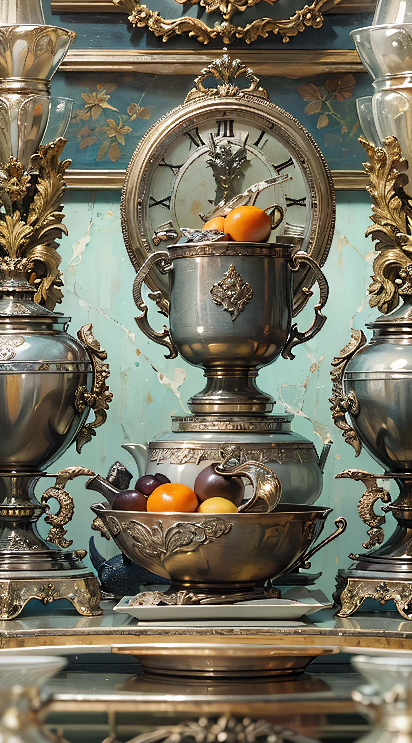 detailed photorealistic orthogonal front view of still life with dishes, coffee service, table clock, glasses, bottles, flasks, decorative marble statuettes, flowers, etc. netral background, cinematic lighting, contrast lighting, dslr, photorealistic, hyperrealistic, lifelike texture, insanely intricate details, amazing fine detail, hyper detailed, sharp focus, ultra high res, baroque oil painting style