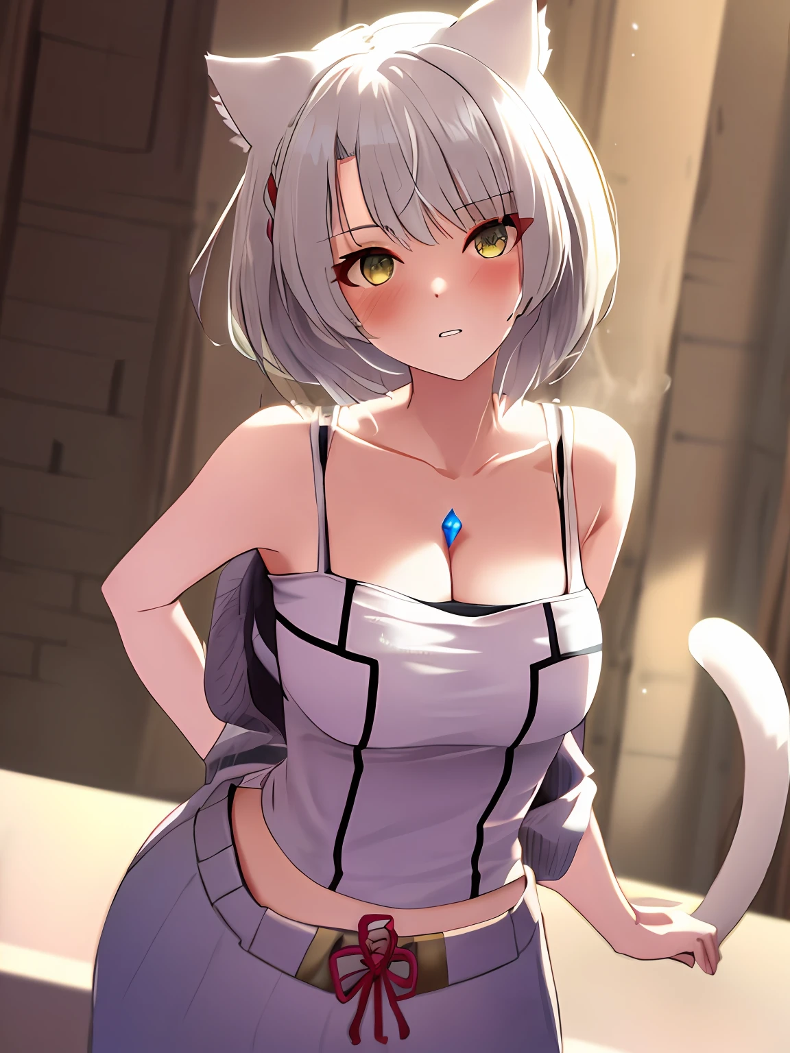 photore，best qualtiy，tmasterpiece，Kizi，White hair，short detailed hair，cat ear，tilts your head，is shy，adolable，Flush，Loose clothes，Manteau blanc，Natural stay，Lori huge breasts cleavage，astonishment，exquisite face，multiple persons，having fun，Cat tail，Crush on me，I hate her，My tablemate，short  skirt