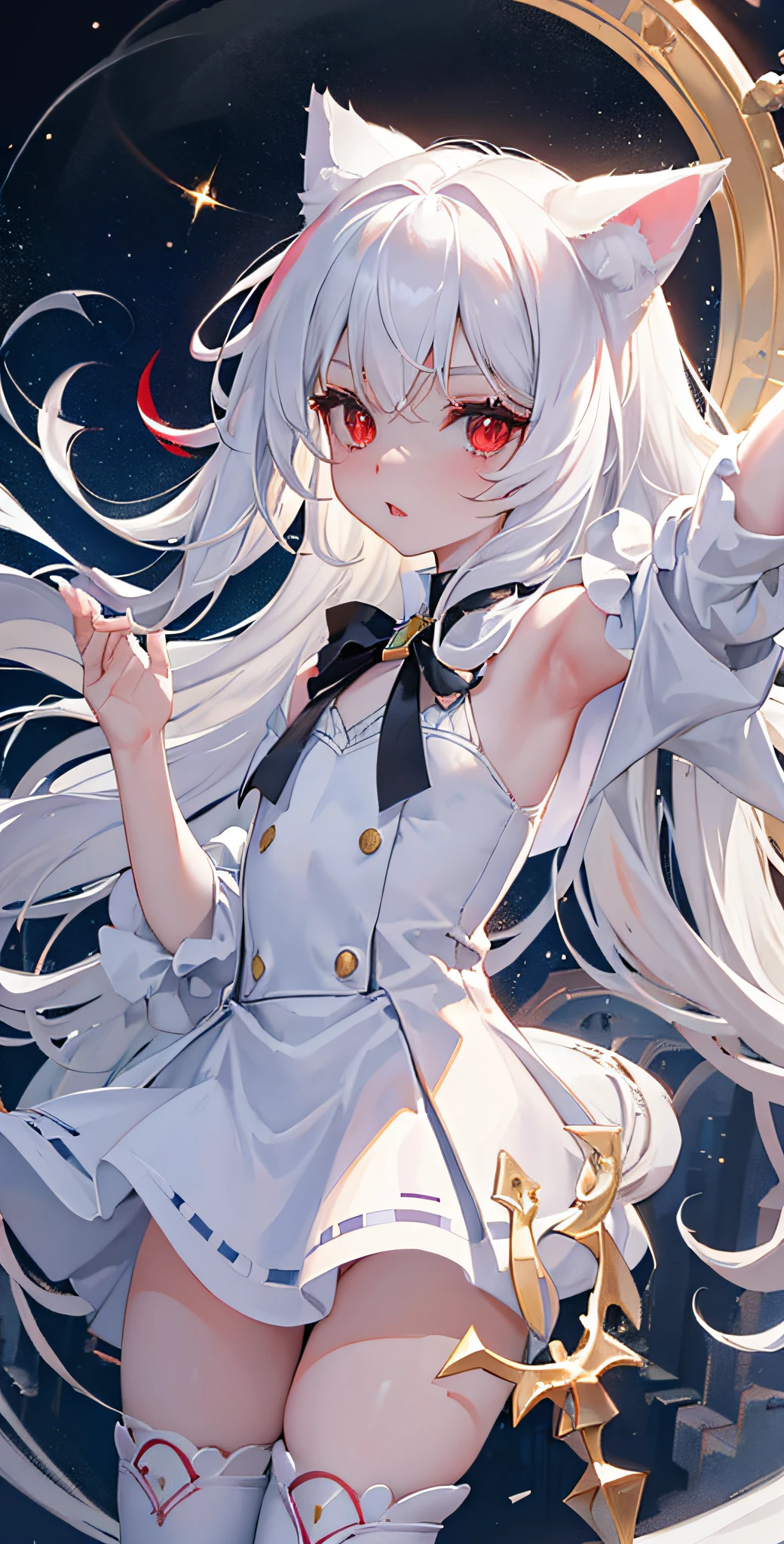 a girl,((red eyes)),cat ears,(two sides up:1.3),BayunLing,white hair,long hair,head ribbon,solo,(petite:1.2),(****),cute,detailed face,((((short shot)))),((nsfw)),(cowboy shot),close up,For aThe walls were jasper, and the city was pure gold, like clear glass. The foundation of the wall was decorated with various precious stones: the first foundation was jasper, the second sapphire, the third an onyx, the fourth an emerald, the fifth an onyx, the sixth a ruby, the seventh a chrysolite, the eighth a beryl, the ninth a topaz, the tenth a emerald, the eleventh a jacinth and the twelfth an amethyst. The twelve gates were twelve pearls, each gate a pearl. The streets of the city were pure gold, like transparent glass. No one who is unclean or practices abominations and lies will enter it. Only those whose names are written in the Lamb's book of life may enter.((The City of Sky, with its vast sea of clouds, starry sky, heaven, shining stars,)).((red eyes)),cat ears,(two sides up:1.3),BayunLing,white hair,long hair,head ribbon,solo,short skirt,(petite:1.2),(****),cute,detailed face angle like,👼🏻,(angel),sitting,white clothes,(((White stockings, white clothes)))