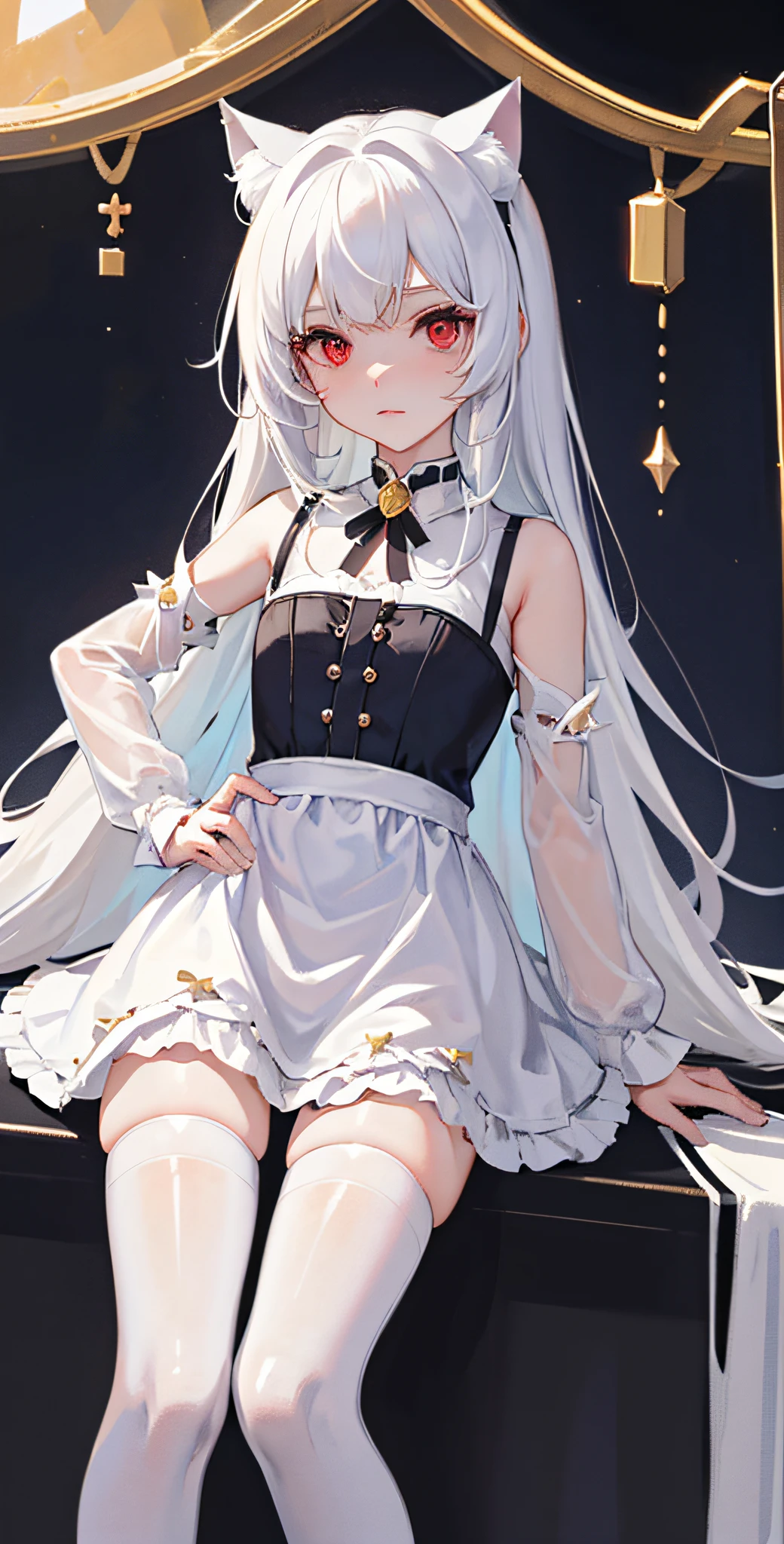 a girl,((red eyes)),cat ears,(two sides up:1.3),BayunLing,white hair,long hair,head ribbon,solo,(petite:1.2),(),cute,detailed face,((((short shot)))),((nsfw)),(cowboy shot),close up,For aThe walls were jasper, and the city was pure gold, like clear glass. The foundation of the wall was decorated with various precious stones: the first foundation was jasper, the second sapphire, the third an onyx, the fourth an emerald, the fifth an onyx, the sixth a ruby, the seventh a chrysolite, the eighth a beryl, the ninth a topaz, the tenth a emerald, the eleventh a jacinth and the twelfth an amethyst. The twelve gates were twelve pearls, each gate a pearl. The streets of the city were pure gold, like transparent glass. No one who is unclean or practices abominations and lies will enter it. Only those whose names are written in the Lamb's book of life may enter.((The City of Sky, with its vast sea of clouds, starry sky, heaven, shining stars,)).((red eyes)),cat ears,(two sides up:1.3),BayunLing,white hair,long hair,head ribbon,solo,short skirt,(petite:1.2),(lolite,detailed face angle like,👼🏻,(angel),sitting,white clothes,(((White stockings, white clothes)))