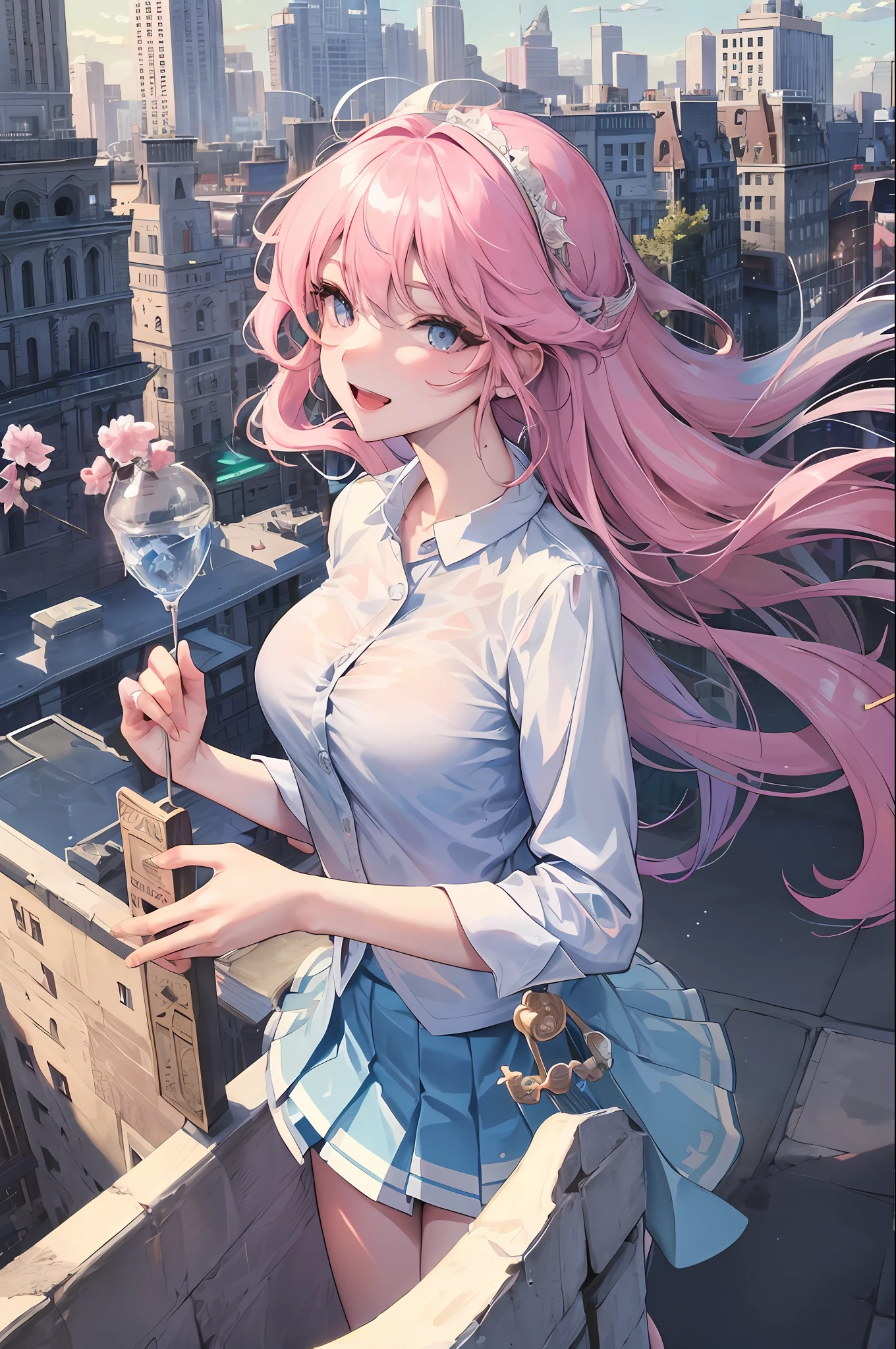 Official fine art，tmasterpiece，Sharp focus，（Beautiful gorgeous lovely Korean women：1.3），（beautiful lovely Korean people：1.3），South Korean beauties，Delicate and beautiful hair and eyes and face，realisticlying，ultra - detailed，a beauty girl，blue-sky，Glowing white particles,(sidelighting:1.2),rays of sunshine,baiyun,Detailed clouds,Slender,Cute big breasts and big buttocks,Toothy laughter,((Laugh and open your eyes)),scenecy,Long straight hair, sexy facial expression, buliding, (cityscape:1.7), Dynamic hair, Long straight hair, Delicate platinum-pink hair, glow blue eyes, (blue pleated shirt+white  skirt), long white socks, paleskin, hair adornments, epic landscapes,8k