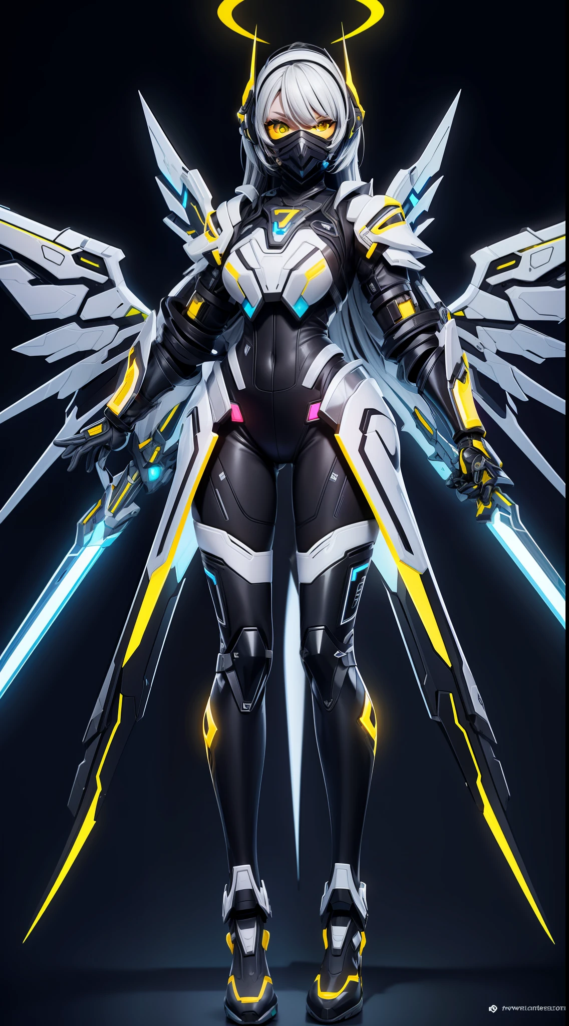 solo, super fine photo, portrait Unreal Engine 5 8K UHD of a girl, wearing futuristic black and white tight rubber battle suit with wings, cyber knight design, cyber angel knight, wielding cyber shield and cyber sword, full face mask, yellow light details, gloves with yellow light detail, best quality, masterpiece, unified 8k wallpaper, super detailed, sharp focus