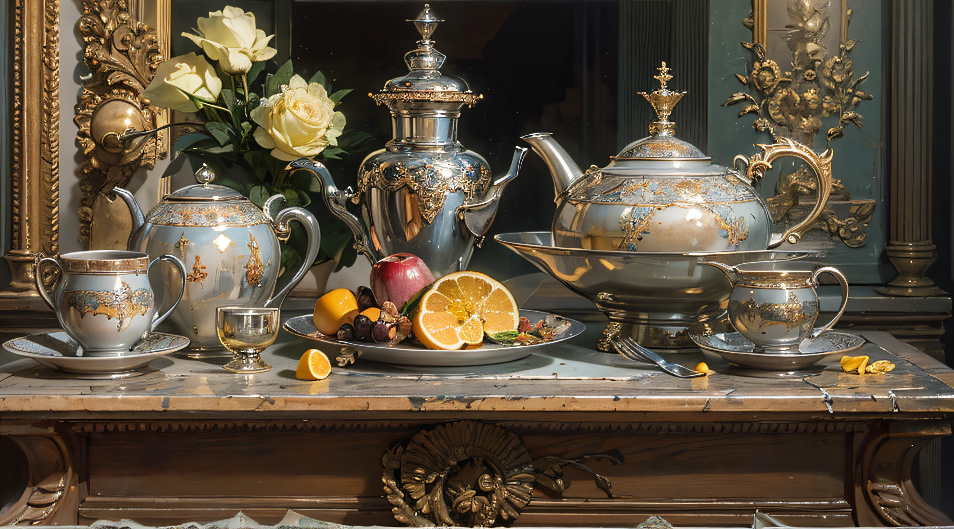 detailed photorealistic orthogonal front view of still life with dishes, coffee service, table clock, glasses, bottles, flasks, decorative marble statuettes, flowers, etc. netral background, cinematic lighting, contrast lighting, dslr, photorealistic, hyperrealistic, lifelike texture, insanely intricate details, amazing fine detail, hyper detailed, sharp focus, ultra high res, baroque oil painting style