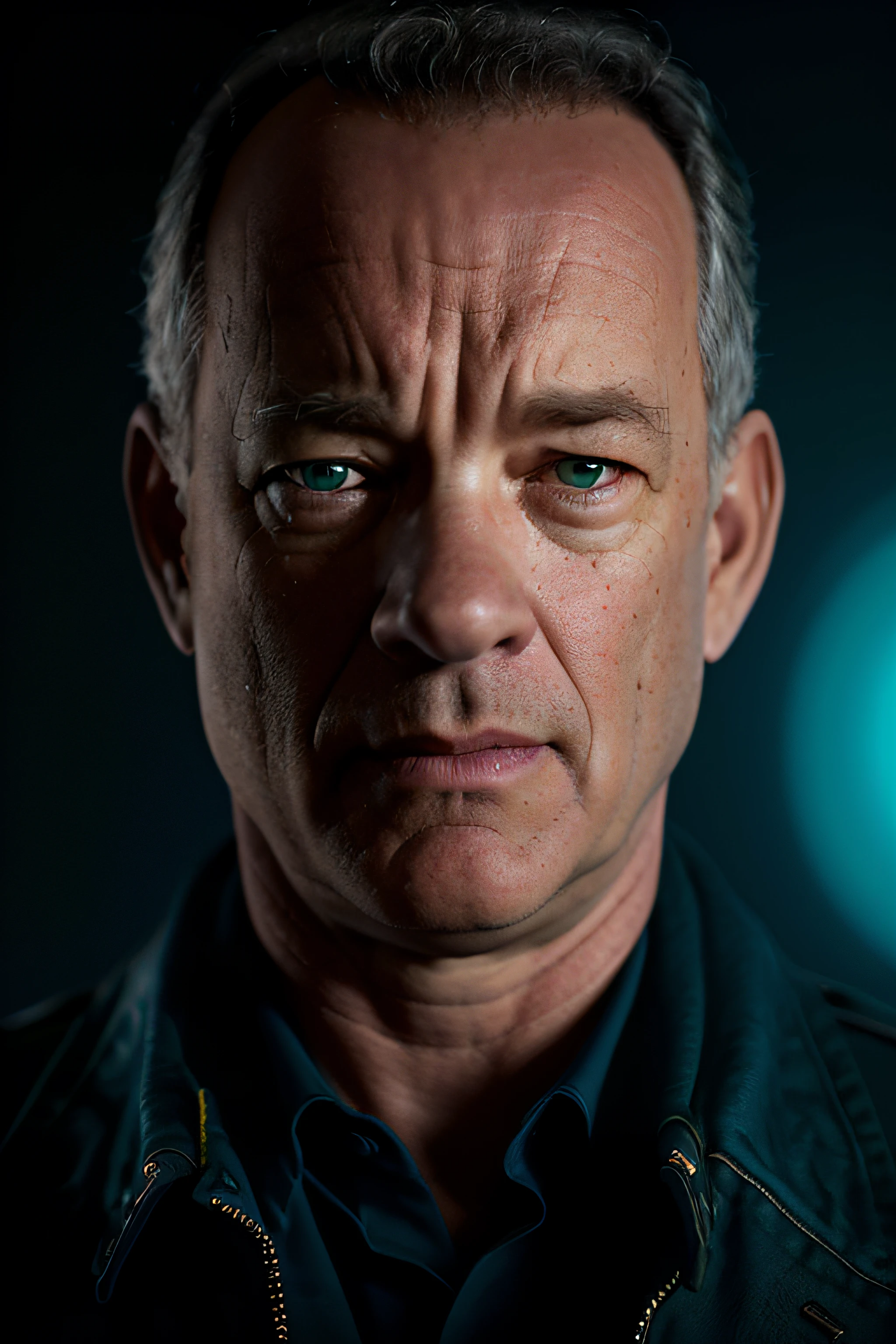 Plono americano uma foto premiada de Tom hanks, posing in a dark studio, (rim lighting,: 1.4) dual-tone lighting, foco nítido, Blue-oil hue, octanagem, irreal, mal iluminado, chave baixa,