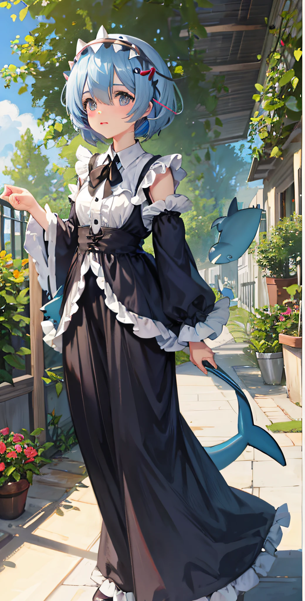 (rem:1.17) wearing Shark headgear (garden) (eyes:1.25)
