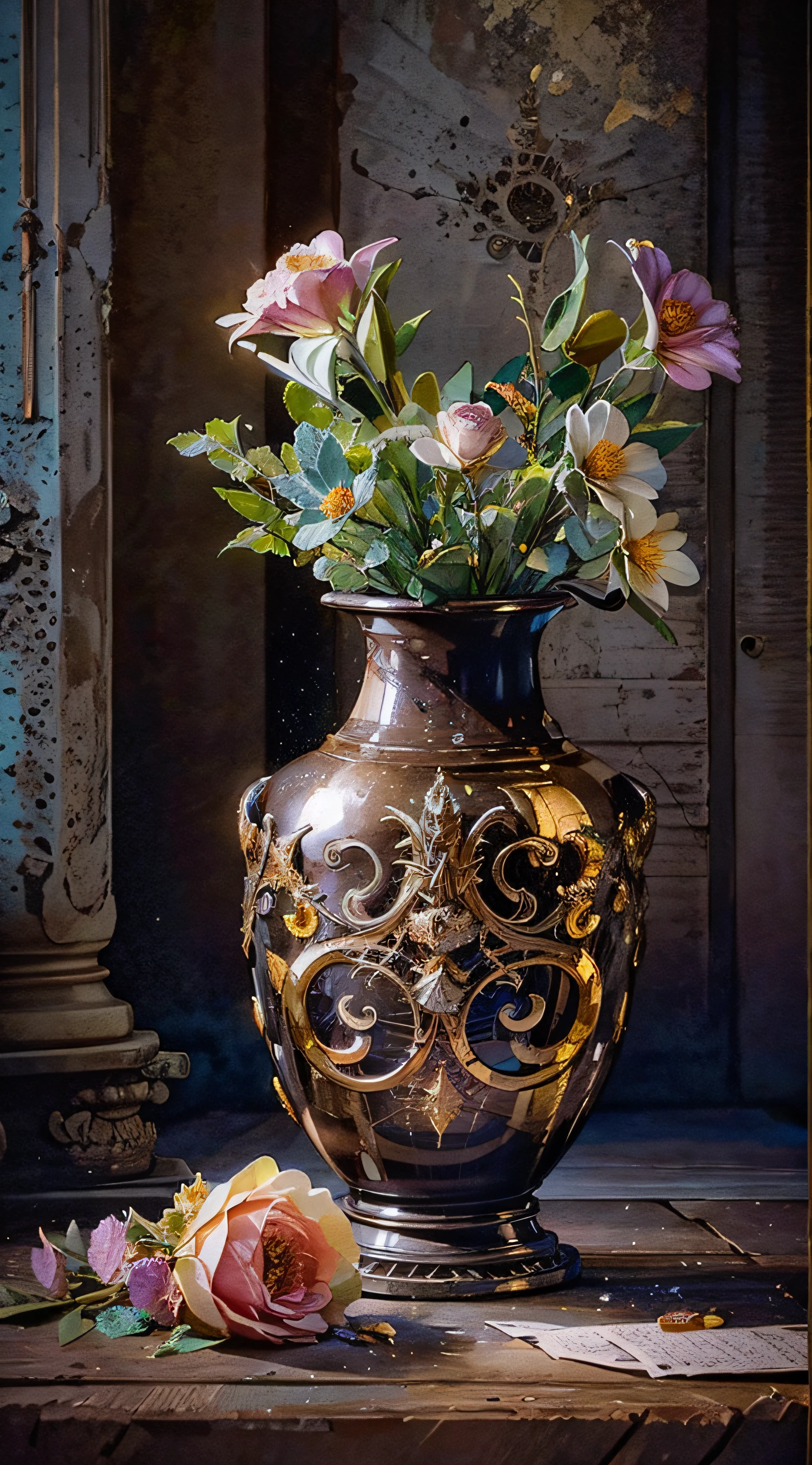 still life with flowers in vase, historical jewelry, in the historical interior environment, darkened room, cinematic lighting, contrast lighting, watercolor --ar 4:5 --style raw --v 5.2