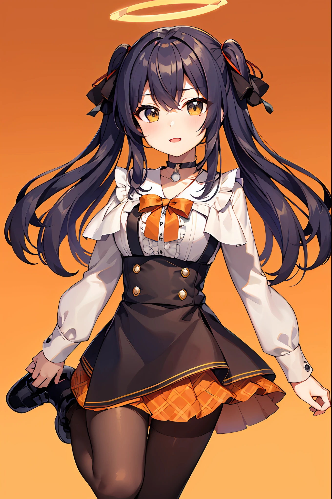 masterpiece、top-quality、女の子 1 人、10 talents、独奏、long、Viewer Perspective、Bangs short、skirt by the、The shirt、silber hair、long-sleeve、bow ribbon、Twin-tailed、Bow knot、hair adornments、frilld、lowfers、a choker、Orange eyes、The halo、orange background、frills skirt、Large ribbon、fishnet tights、The shirt、fishnets pantyhose、Platform footwear、orange color theme、Department of Landmines、monochromes、