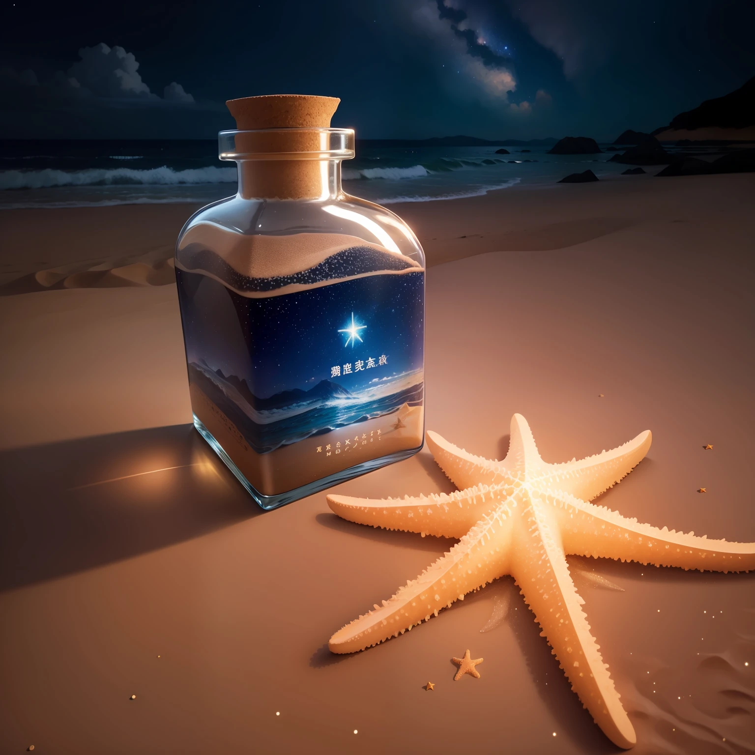 Star Sands、starfish、sand beach、shining water surface、night sky full of stars、Message Bottle