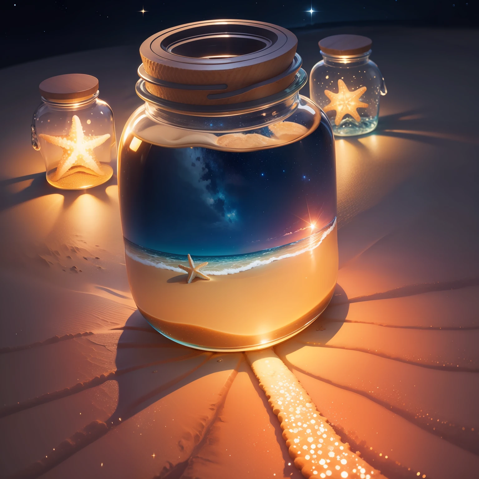 Star Sands、starfish、sand beach、shining water surface、night sky full of stars、Message Bottle