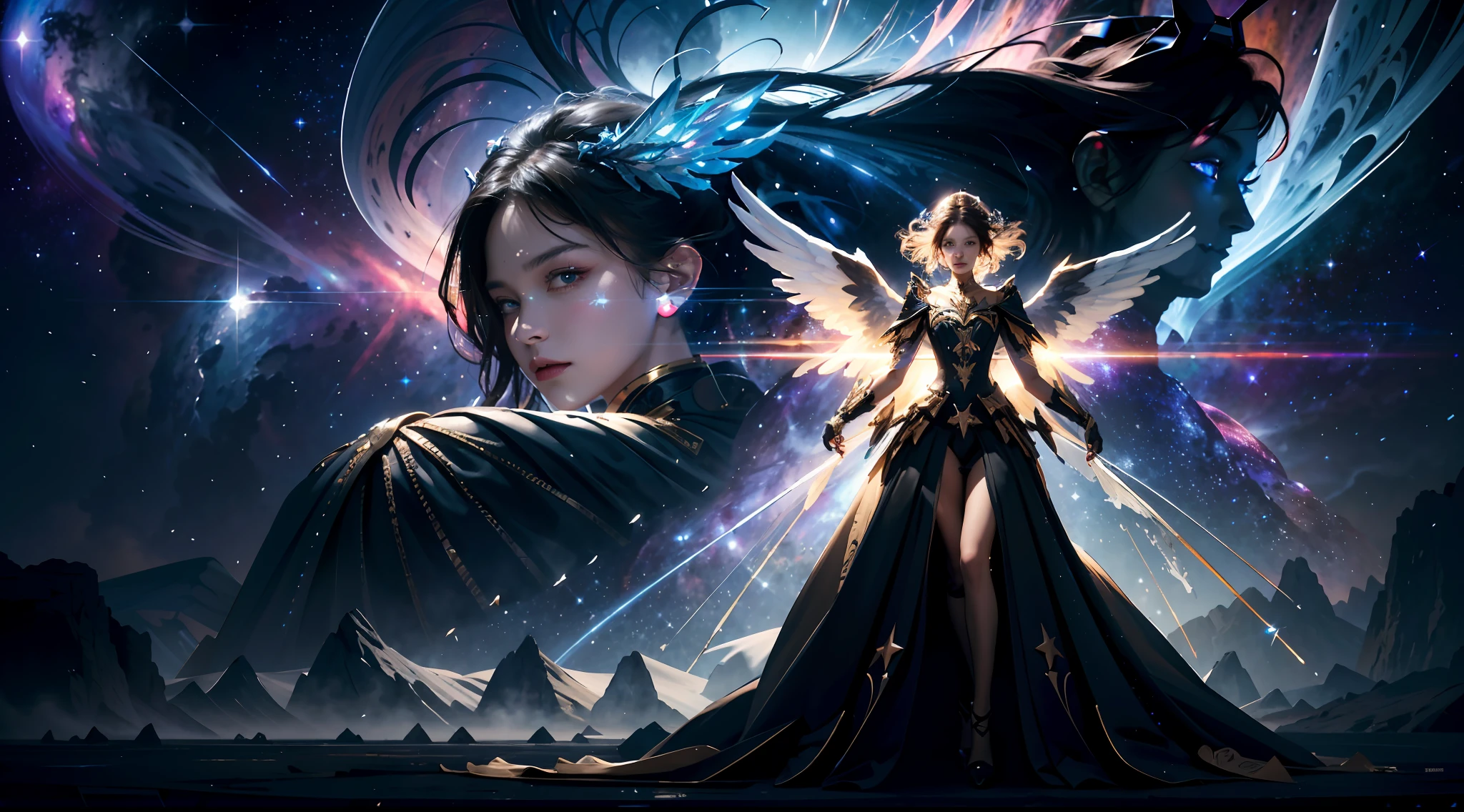 （tmasterpiece）， （best qualtiy：1.4）， absurderes， [：intricately details：0.2]， Silhouette of a giant angel，  galactic，starrysky，Huge nebula， Strong focus，extreme light， Mysterious symbol， sparkling motes，