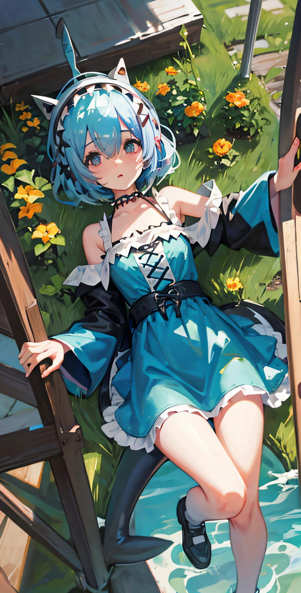 (rem:1.17) wearing Shark headgear (garden) (eyes:1.25)