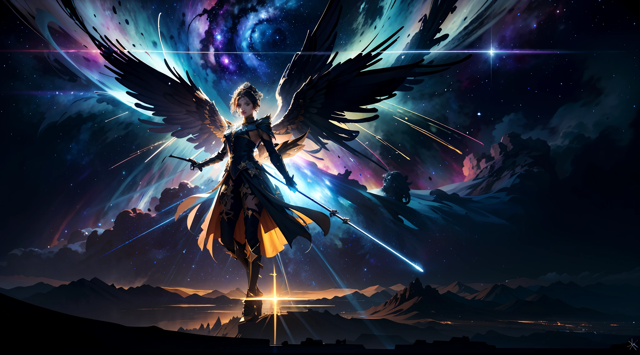 （tmasterpiece）， （best qualtiy：1.4）， absurderes， [：intricately details：0.2]， Silhouette of a giant angel，  galactic，starrysky，Huge nebula， Strong focus，extreme light， Mysterious symbol， sparkling motes，
