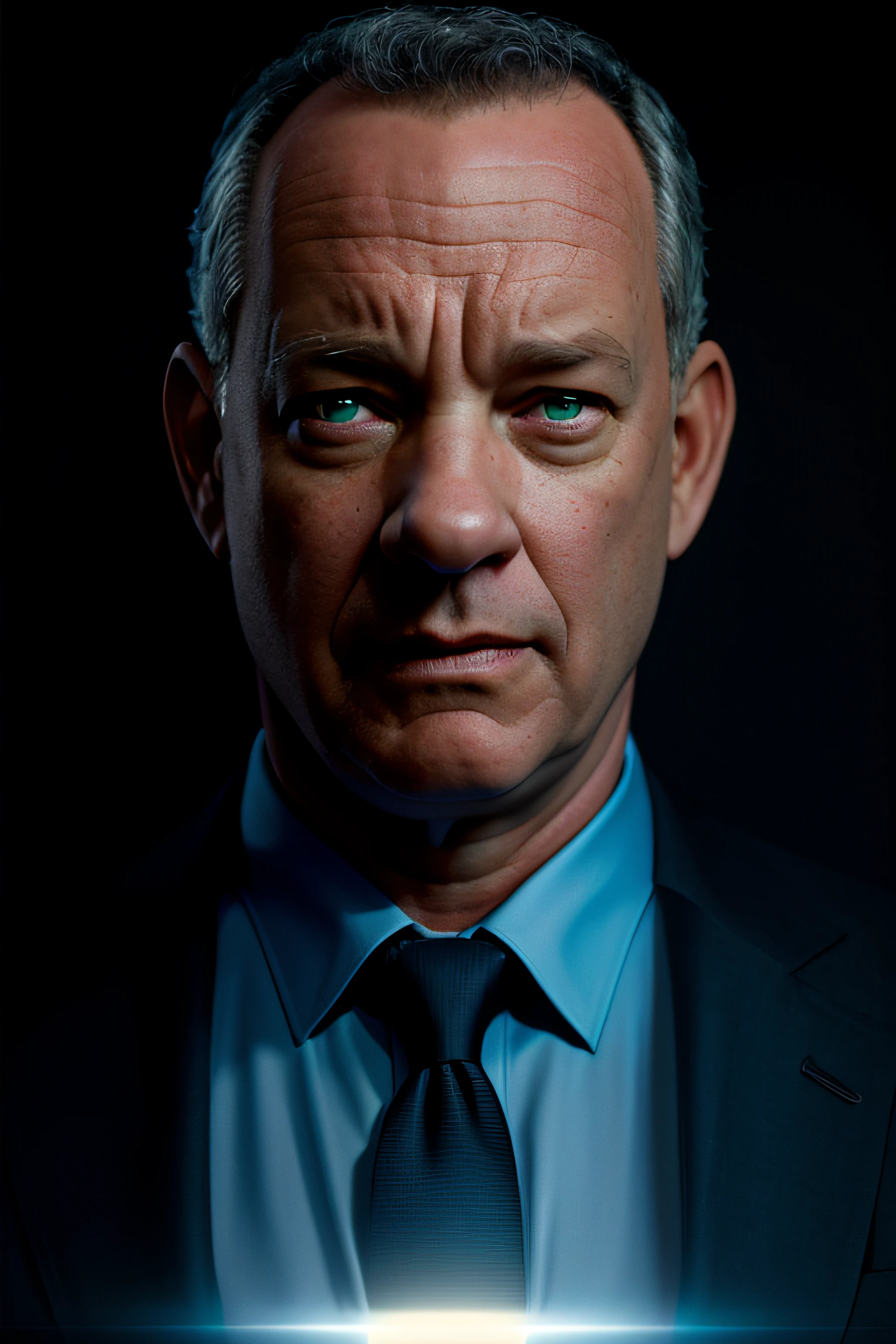 retrato realista de uma foto premiada de Tom hanks, posing in a dark suit in a dark studio, (rim lighting,: 1.4) dual-tone lighting, foco nítido, Blue-oil hue, octanagem, irreal, mal iluminado, chave baixa,