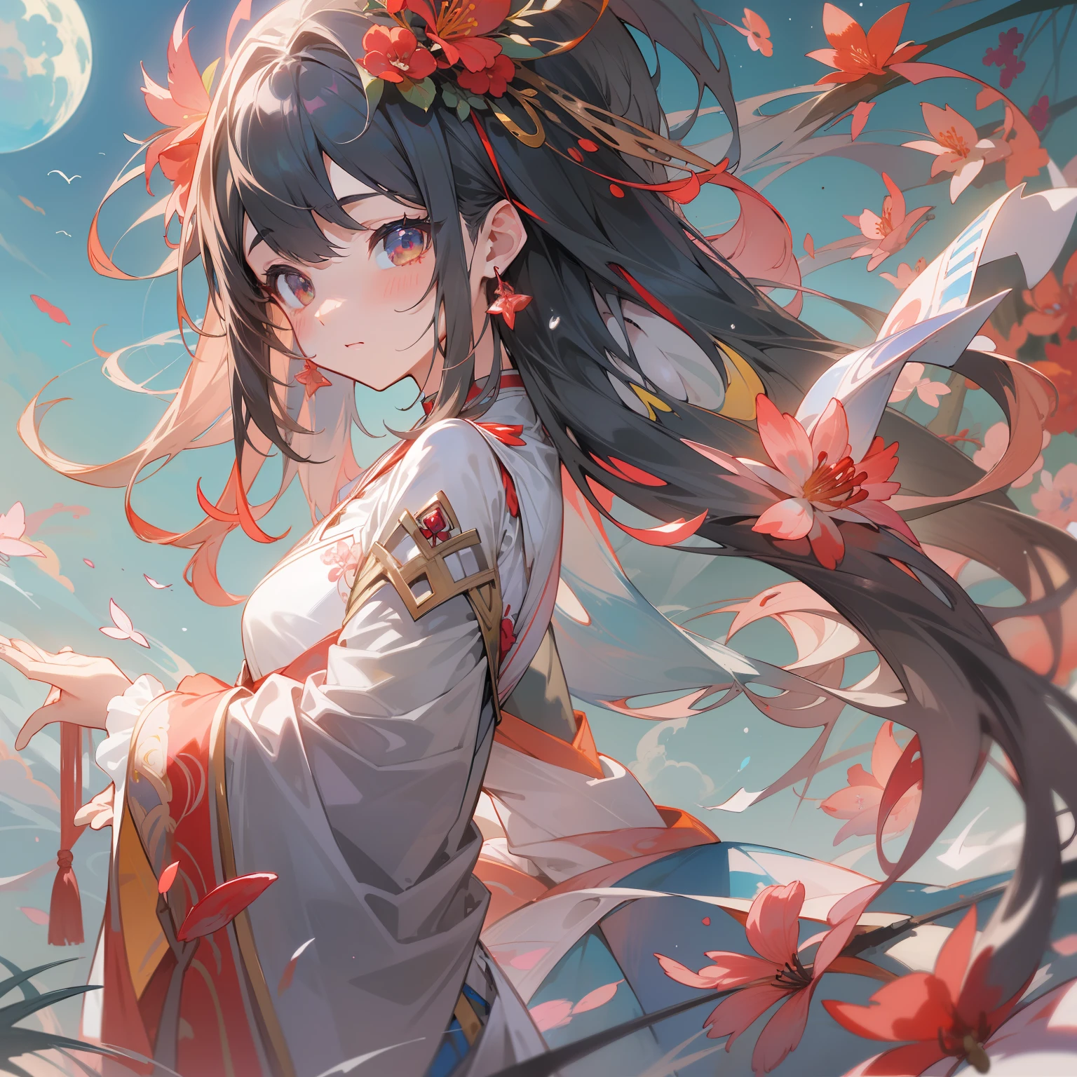 (8K、Raw photography:1.2)、top-quality、超A high resolution、Dramatic angles、(Fine-colored splashes flutter)、(illustratio)、(((女の子1人)))、(long)、(Air bubble:0.9)、 (hair adornments:1.4)、There is an ancient palace next to the girl、chinese clothes、(Focus)、Color Ink Painting、(Color splash)、Colorful splashes、(((colourfull)))、(Sketched:0.8) 、​masterpiece、best qualtiy、Beautifully painted、A highly detailed、(denoise: 0.6)、[Splash ink]、((Ink refraction))、(Beautiful detailed sky)、a moon、A highly detailed、(​masterpiece、best qualtiy、A highly detailed) CG Unity 8k wallpapers、​masterpiece、top-quality、ultra-detailliert)、(Lycoris radiata)、、