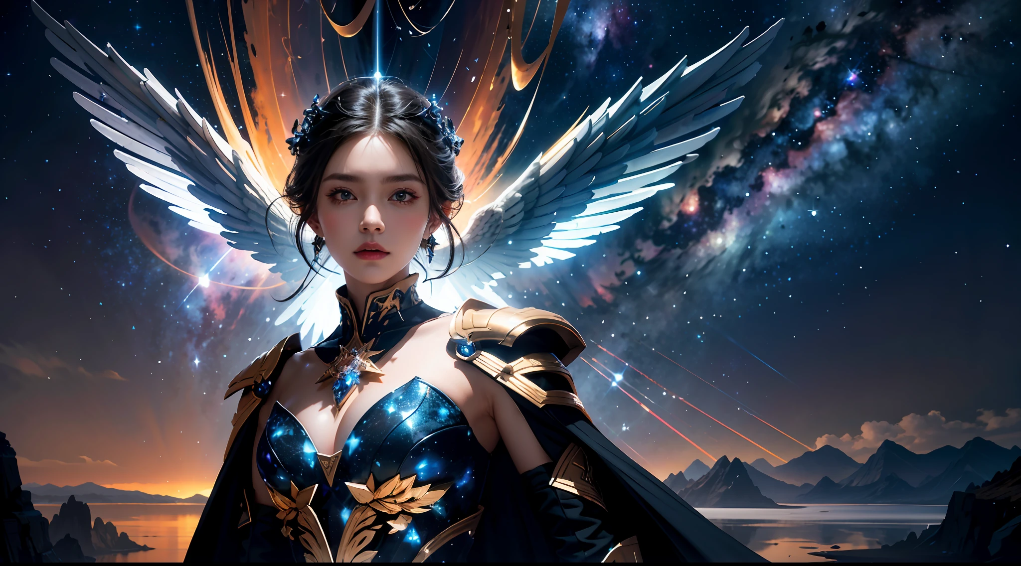 （tmasterpiece）， （best qualtiy：1.4）， absurderes， [：intricately details：0.2]， Silhouette of a giant angel，  galactic，starrysky，Huge nebula， Strong focus，extreme light， Mysterious symbol， sparkling motes，