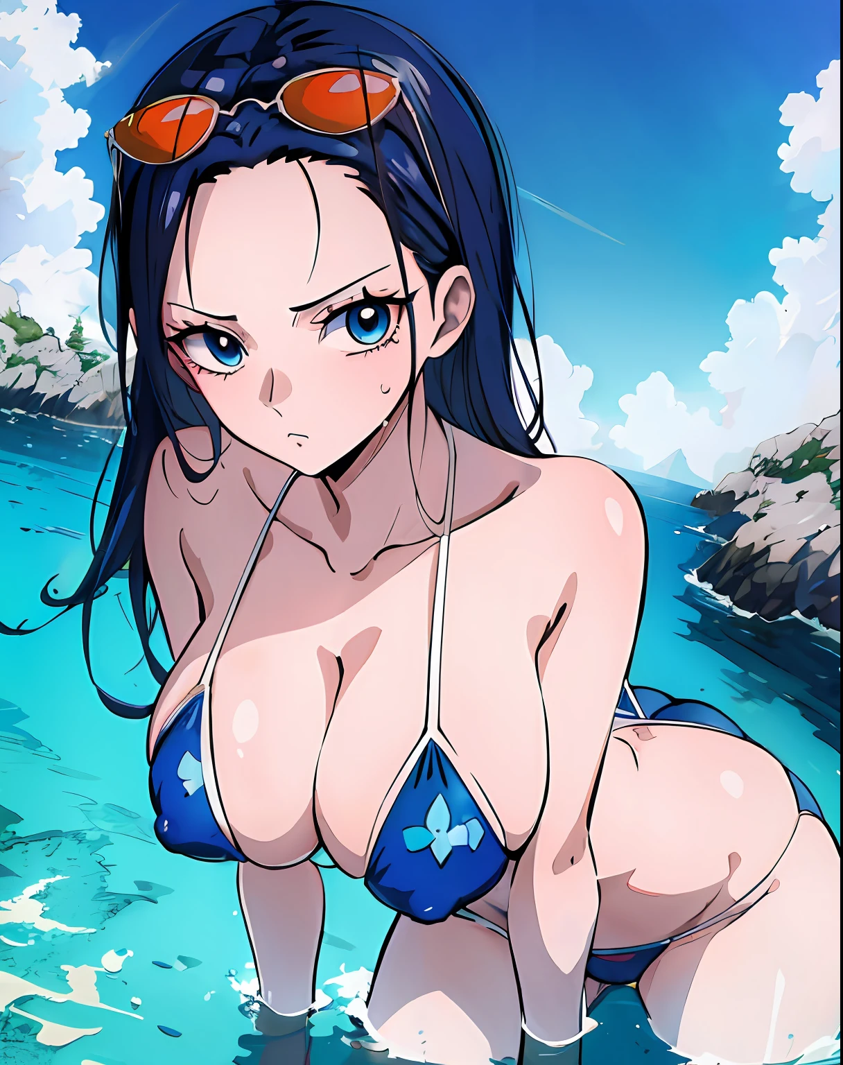 Highest Quality, masutepiece, ultra-definition, 8K, Extremely detailed, The artwork is the highest quality Japan anime style Create a 4DCG masterpiece One Piece female character Nico Robin、Adult woman with dark hair、Good Style、Good Style、Blue eyes、Wearing a blue bikini、Float ride in the pool、Wearing sunglasses on your head、Nipples are see-through、Shy