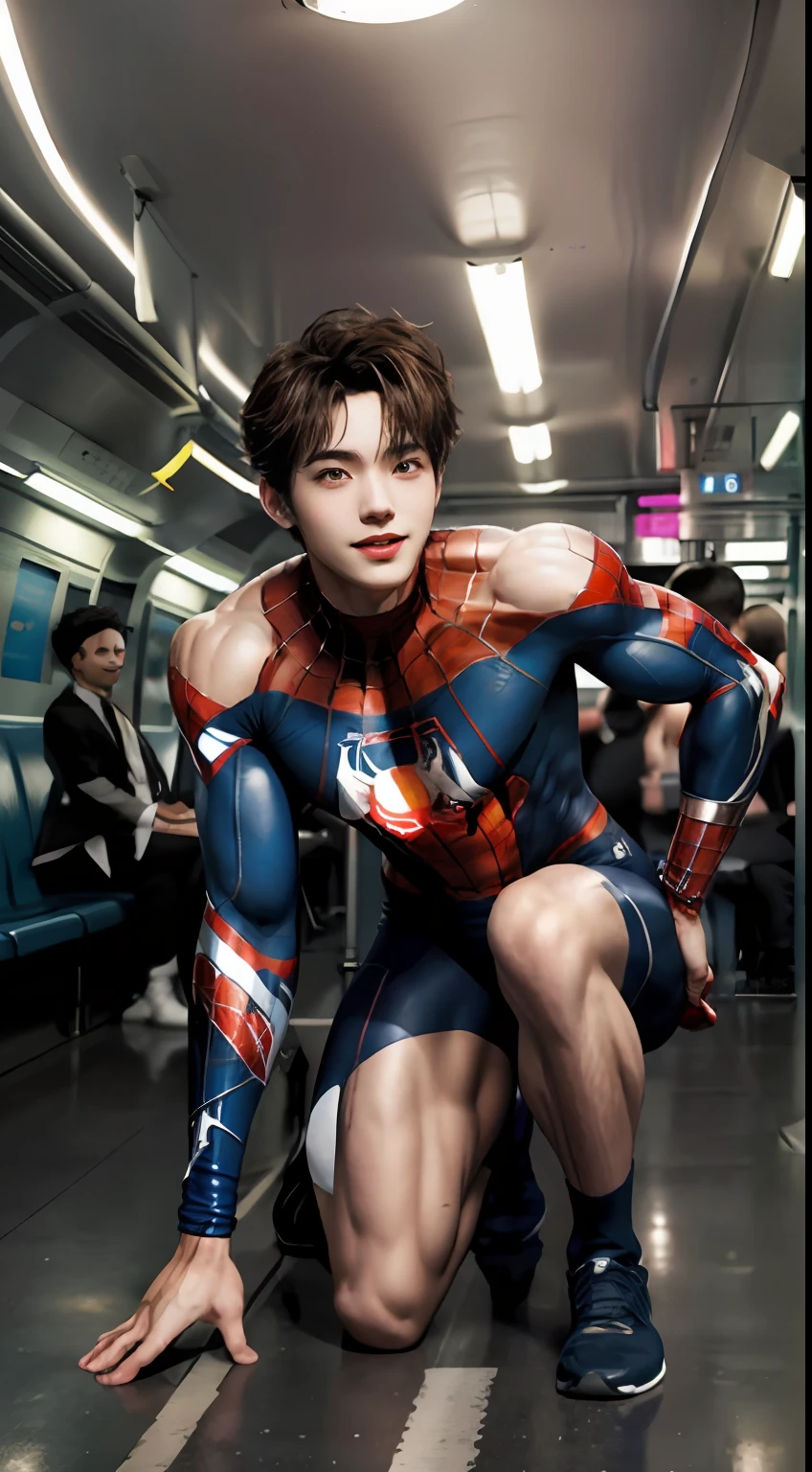 (A lovely Shota:2),(Colored screen:1.2),Solo,(full bodyesbian:3),(Stay away from the lens:3),Expose your legs,(revealing the whole body:2),(Frontal heads-up view:1.2),malefocus,looking at viewert,16 yaers old,(Tall:3),(Tall guy:2),Super tall,(Height 300 cm:2),Excellent body proportions,(1.The shoulders are 5 times wider:1.2),(Slender slender legs:2.5),Slender feet,small heads,musculous,(Lovely and pretty:2),(The face of an anime man),(Very detailed beautiful face and eyes:2),(Big bright eyes:1.2),Sharp eyeliner,Clear and beautiful face,short detailed hair,(Correct facial features),(tilts your head:1.5),(having fun,grinning smile),(Bright pink Spider-Man suit:2),(Muscle firming:2),Strong,Super strong,(Wide shoulders and narrow waist:2.2),Sports men's socks,Detailed muscle texture,Highlights muscle structure,In the subway car,(kneels on the ground:4),(full length shoot),ultra-realistic realism, (Photorealistic detail), Incredible accuracy, lifelike textures, masterful technique, Jaw-dropping precision, artistic dedication,(anatomy correct),Good lighting,exquisite detailing,Best quality,stunning masterpiece,CG
