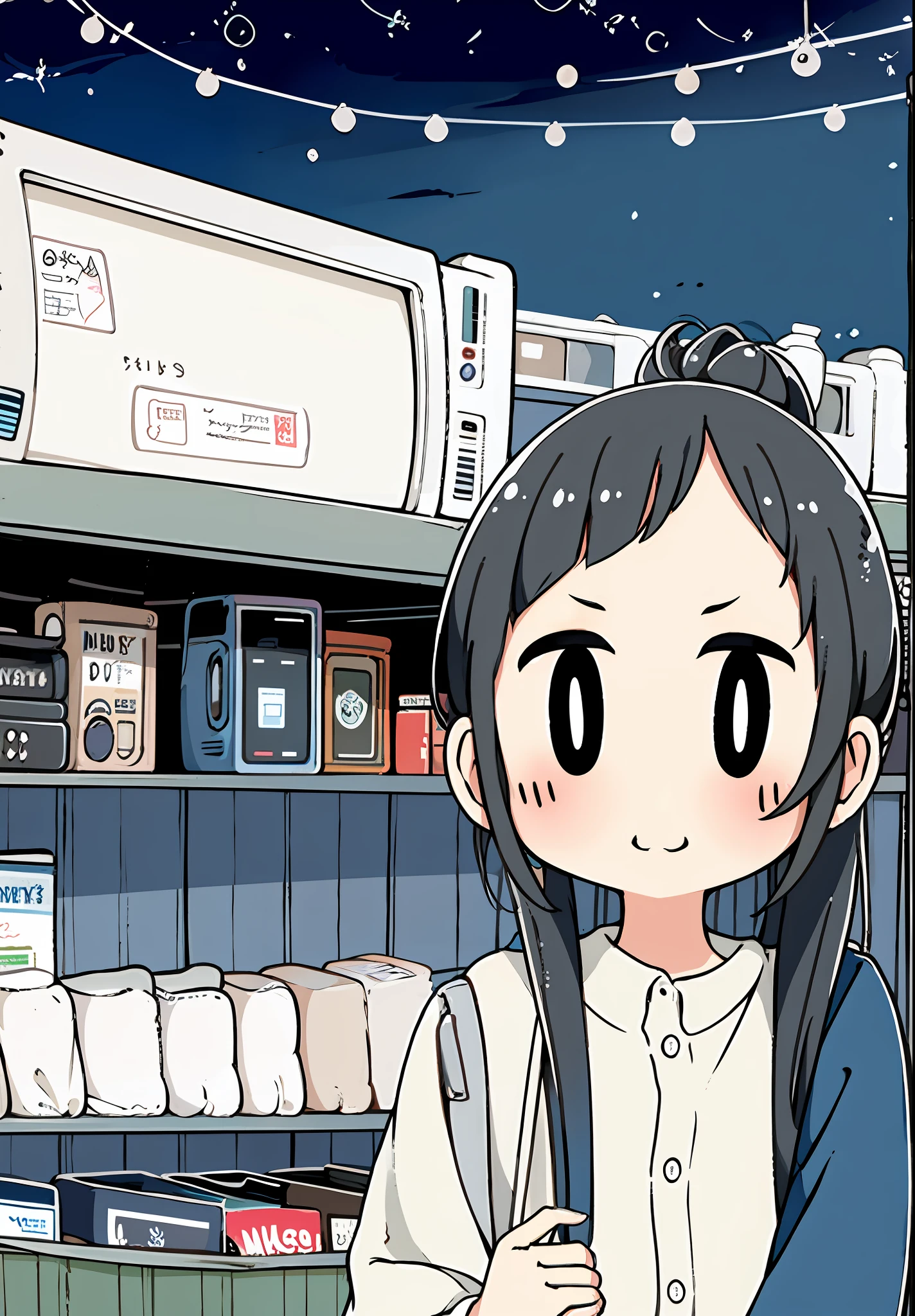 1 girl, employee uniform,  black hair,  black eyes, high ponytail, gloom \(expression\),  ((supermarket))