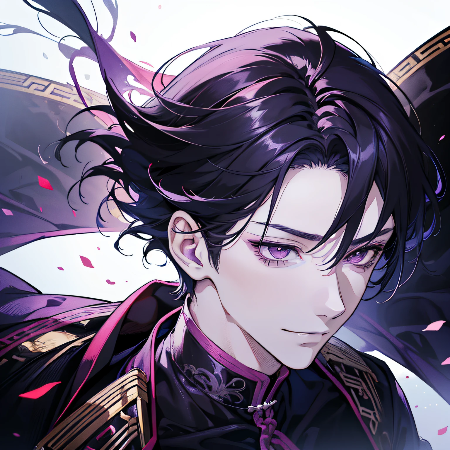 masutepiece,Best Quality,Solo Boy,Solo Man,Solo Boy,Solo Man,Middle Age,beautidful eyes,Seductive smile,Purple hair,Black gradient hair,Red Eyes,(Face shot:1.3),Detailed face,8K resolution,Simple background,White background,