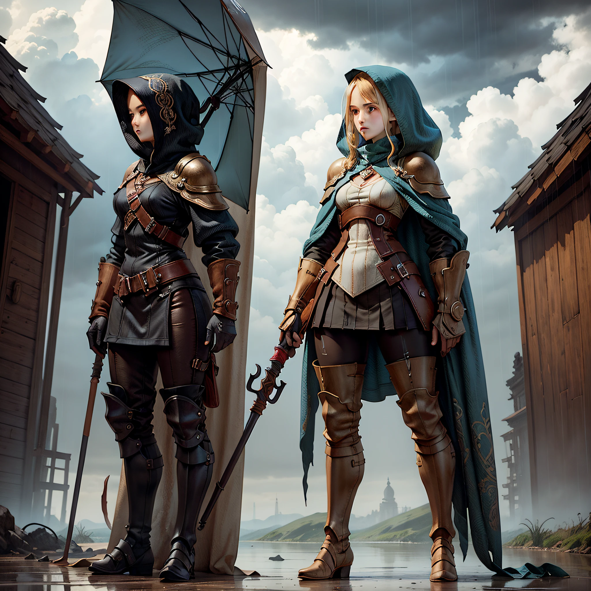 concept art, standing, 1girl holding an umbrella, cloud over head dropping rain, RPG character, Conceptual art, character chart, multiple views, UHD, anatomically correct, super detail, best quality, high details, textured skin, masterpiece, ccurate, high quality, highres